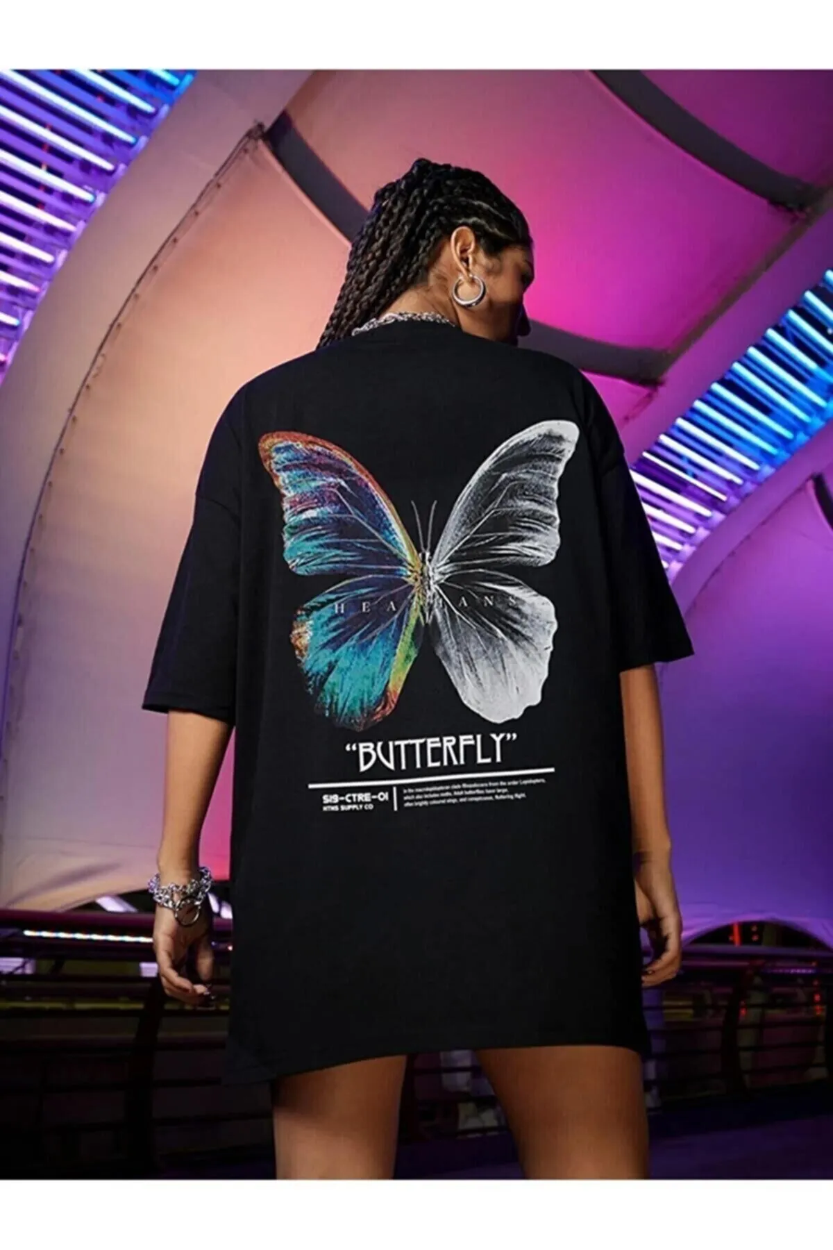 Know  Schwarzes Oversize-T-Shirt mit Schmetterlingsaufdruck auf der Vorder- und Rückseite für Damen
