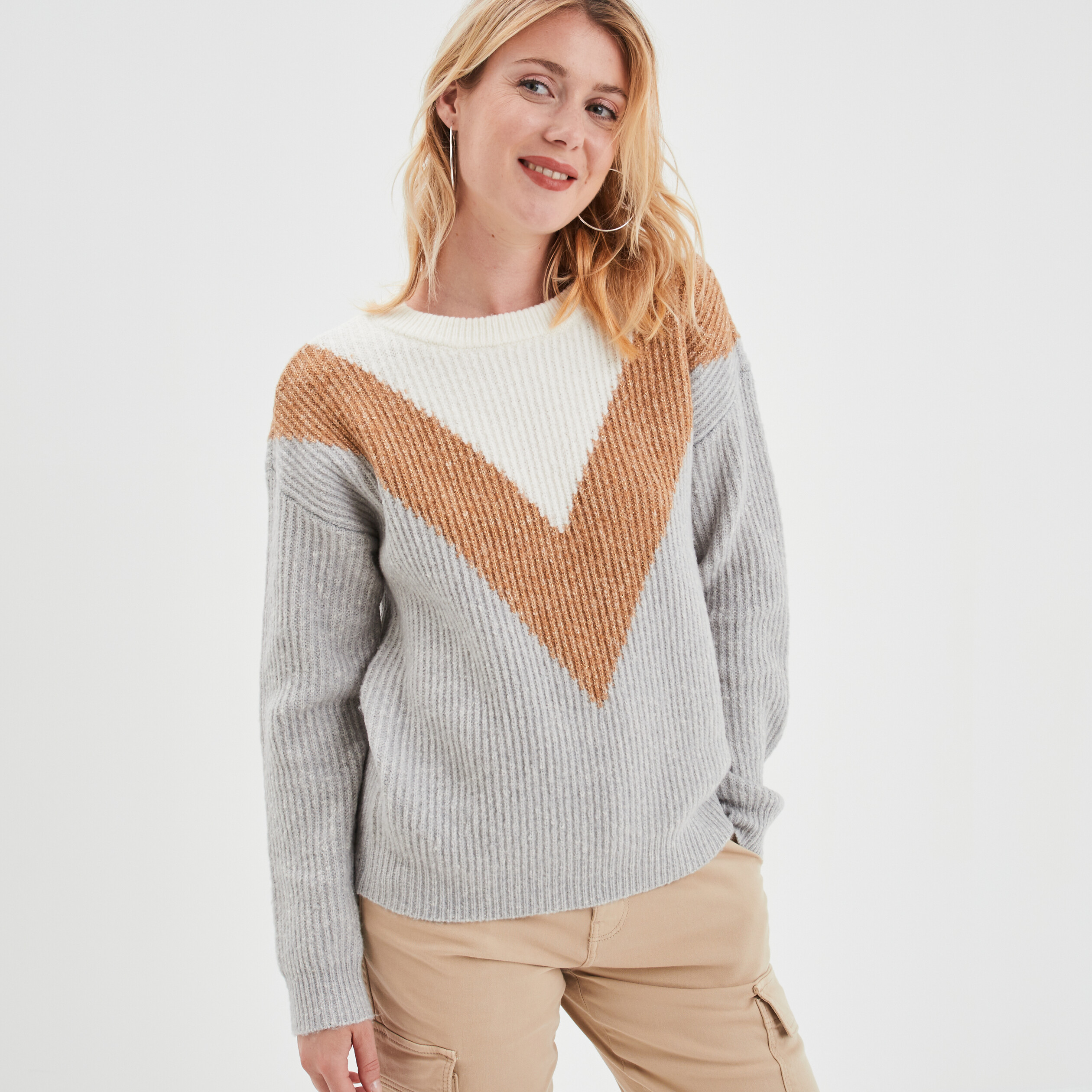 Pull manches longues gris clair femme | La Halle