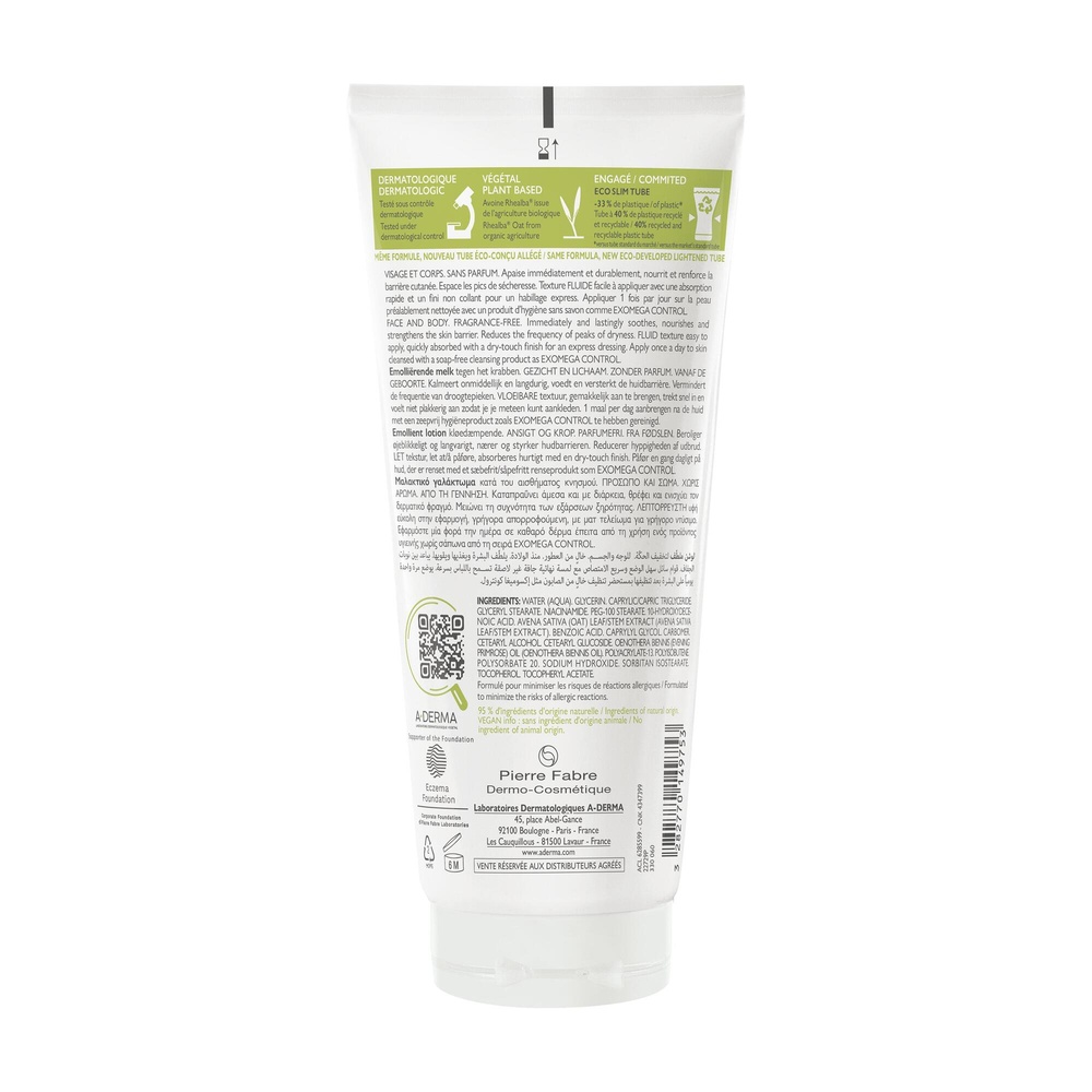 A-Derma Exomega Control - Lait émollient anti-gr attage -200 ml Lait émollient