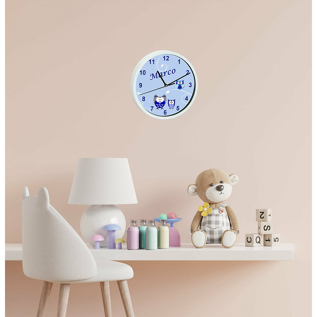 Kinder Wanduhr personalisiert mit Name Eule Blau