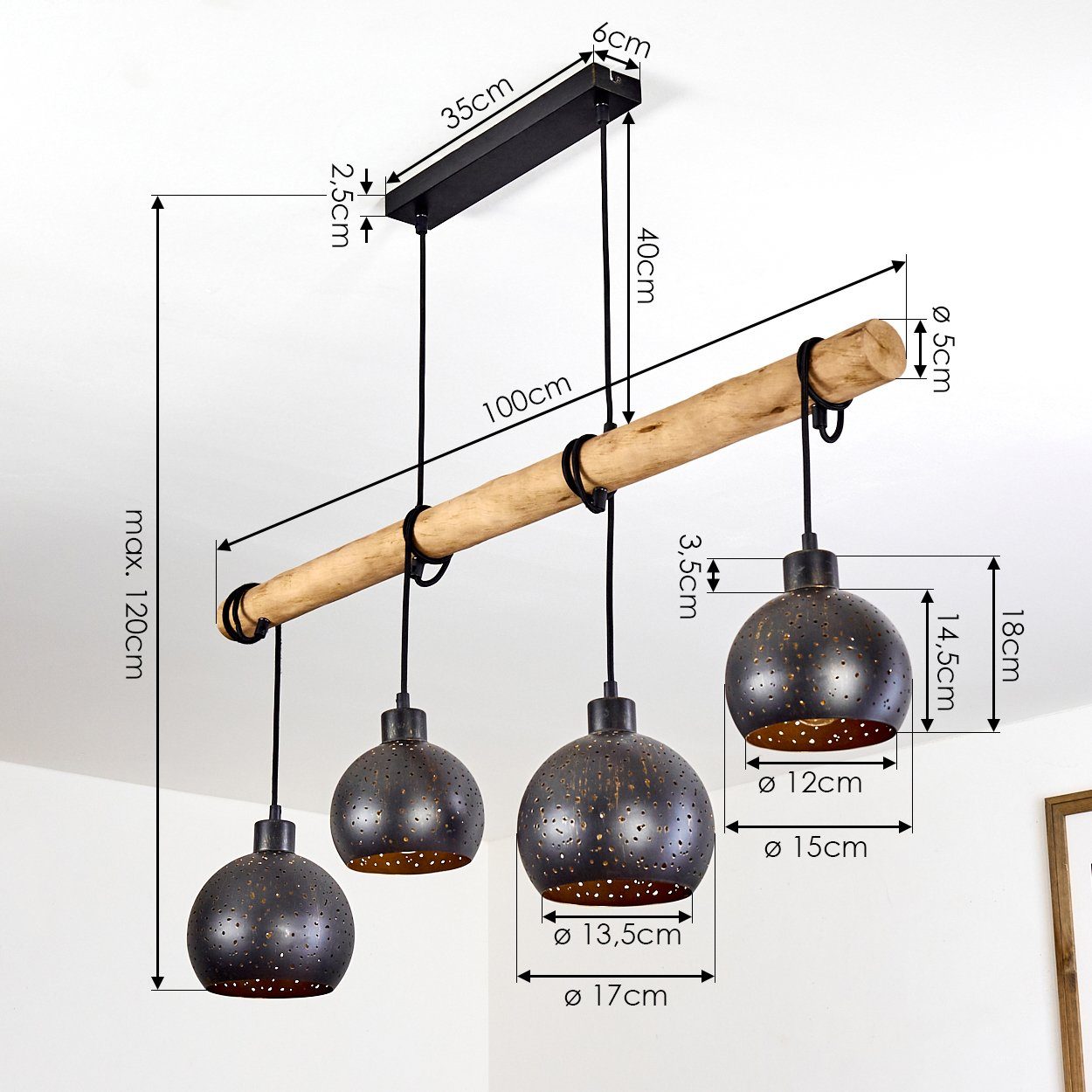 hofstein Pendelleuchte Nave 4-flammige Deckenlampe aus Metall in schwarz und kupferfarben, ohne Leuchtmittel, Vintage Look Pendellampe mit Holz in Natur, 4xE27