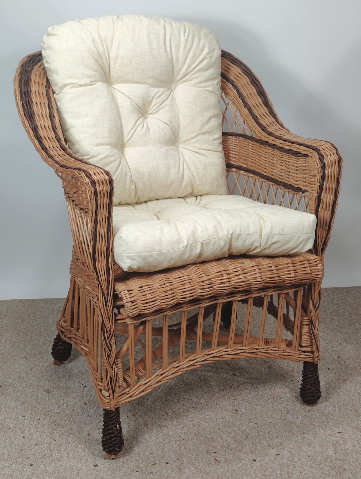 Rattani Rattanstuhl Premium Korbstuhl, Korbsessel Weide, Model Ingvar inkl. Polster