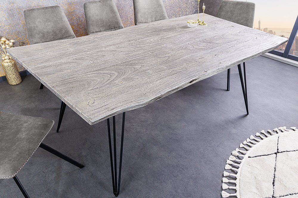 riess-ambiente Baumkantentisch SCORPION 140cm grau / schwarz · 2,5cm Tischplatte (Einzelartikel, 1-St), Küche · Akazie-Massivholz · Metall · Esszimmer · Hairpin Legs · Retro
