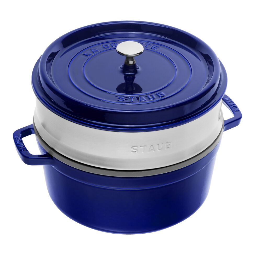 Cocotte mit Dämpfeinsatz 26 cm, rund, Dunkelblau, Gusseisen