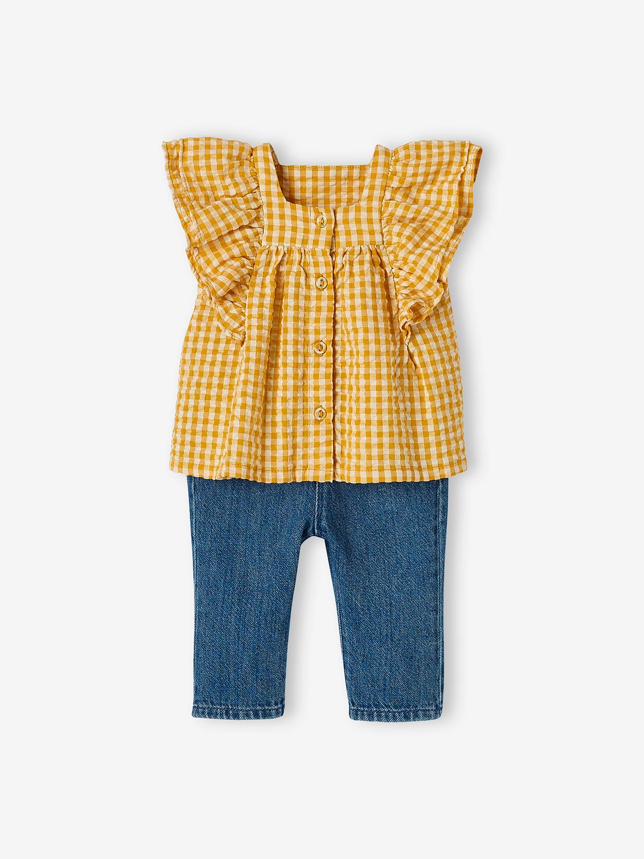 Ensemble blouse vichy en seersucker et jean large bébé carreaux ocre