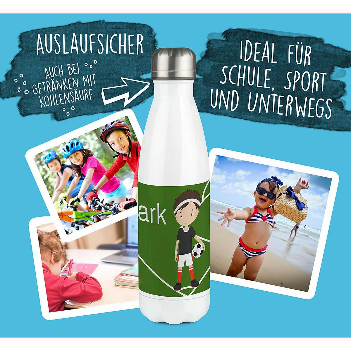Edelstahl Kinder Thermoflasche / Trinkflasche bunt Fußballspieler Spülmaschinenfest, Auslaufsicher, Bruchfest, Doppelwandig, Für Heißgetränke geeignet, Mit Deckel, Isoliert