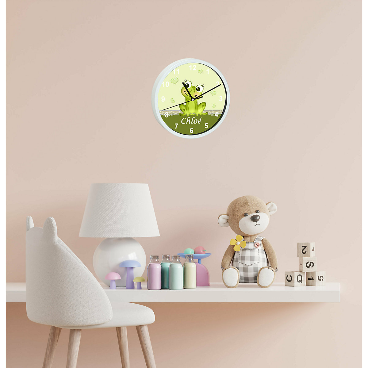 Kinder Wanduhr personalisiert mit Name Frosch