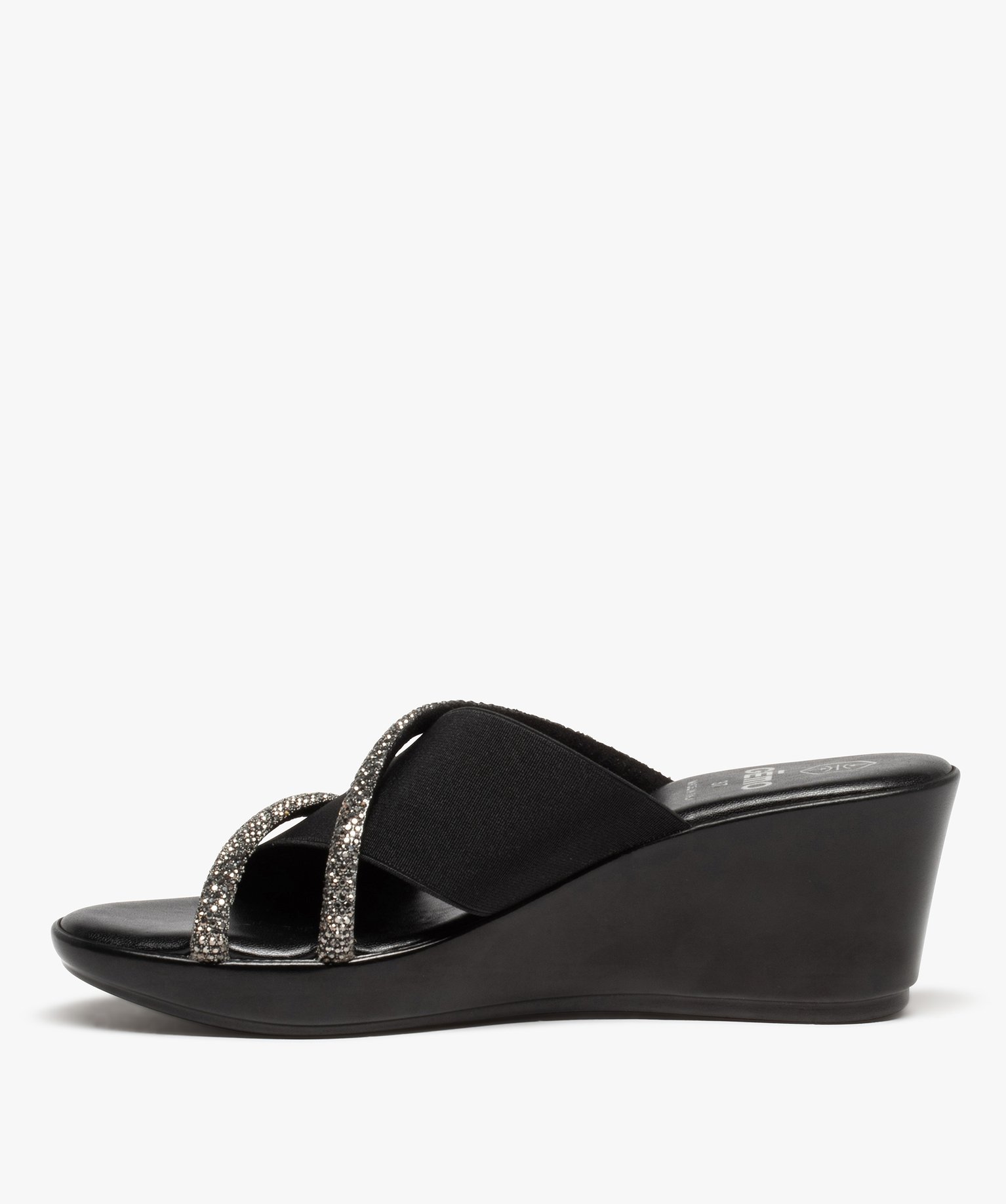 Mules femme à talon compensé et brides strass noir | GEMO