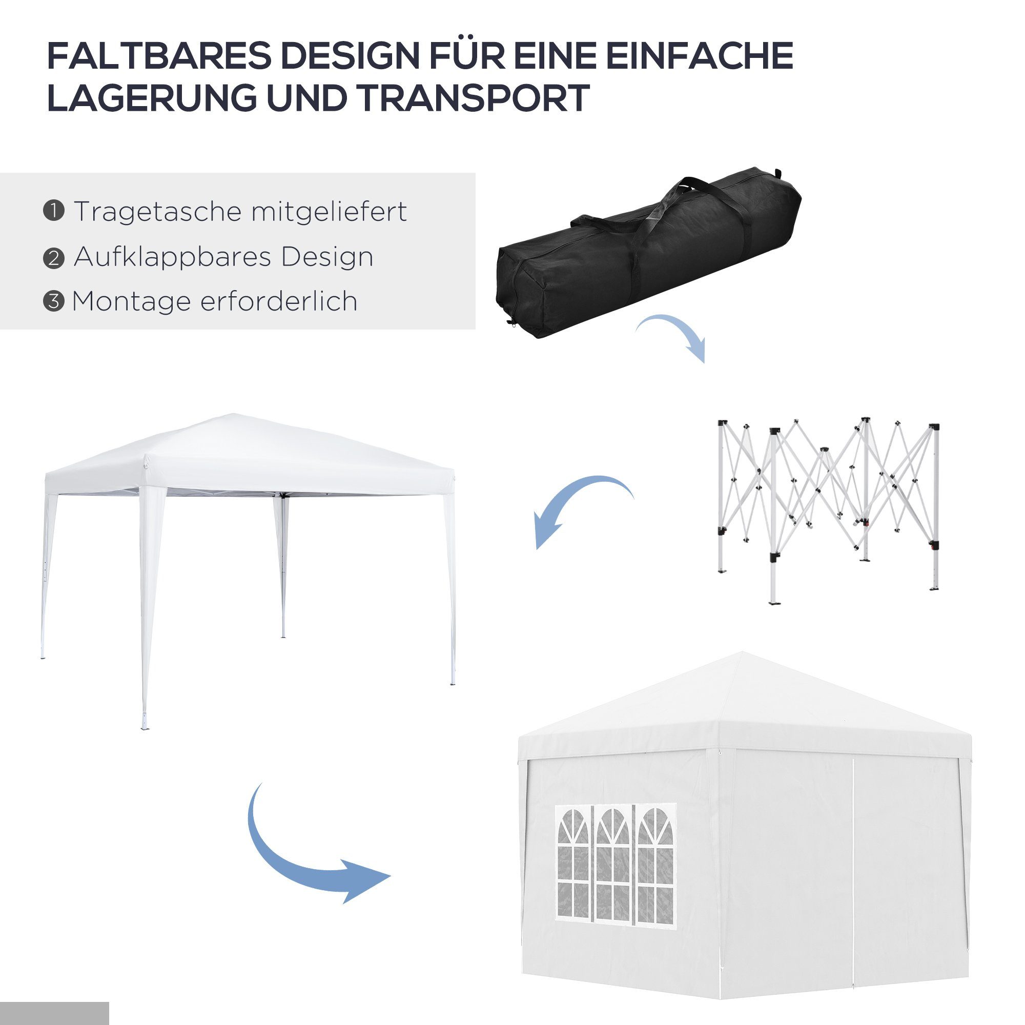 Outsunny Faltpavillon ca. 3 x 3 m Pavillon Partyzelt, Bierzelt mit 4 Seitenwänden, Fenster, mit 4 Seitenteilen, (Gartenzelt, Festzelt), für Garten, Terrasse, Stahl Oxford, Weiß