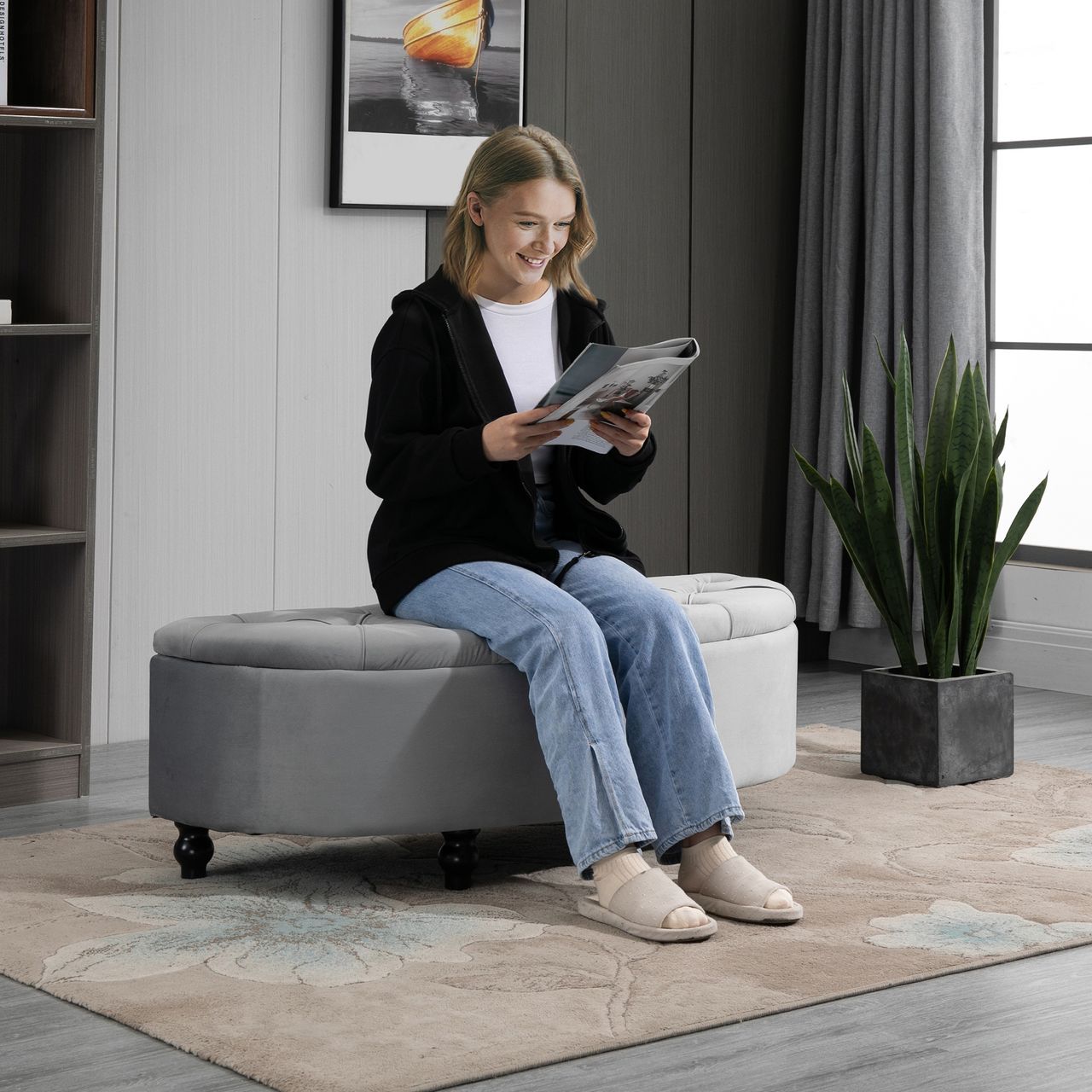 HOMCOM Sitzbank Sitzhocker Sitztruhe Aufbewahrungsbox Fußbank mit Stauraum geöffnetem Deckel für Schlafzimmer Velvet-Touch Gummiholz Grau 120 x 46 x 42 cm