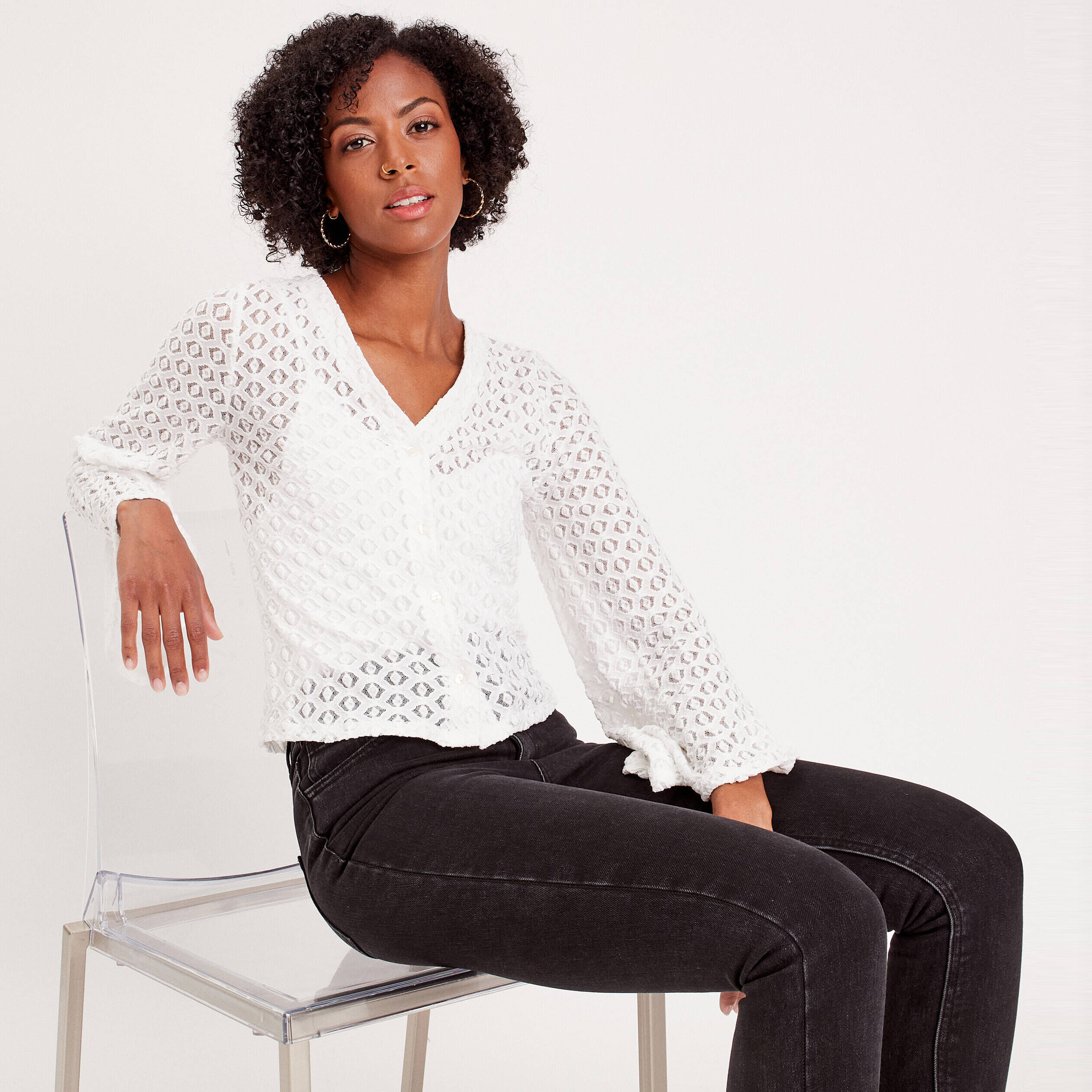 T-shirt dentelle col en V ecru femme | Cache Cache