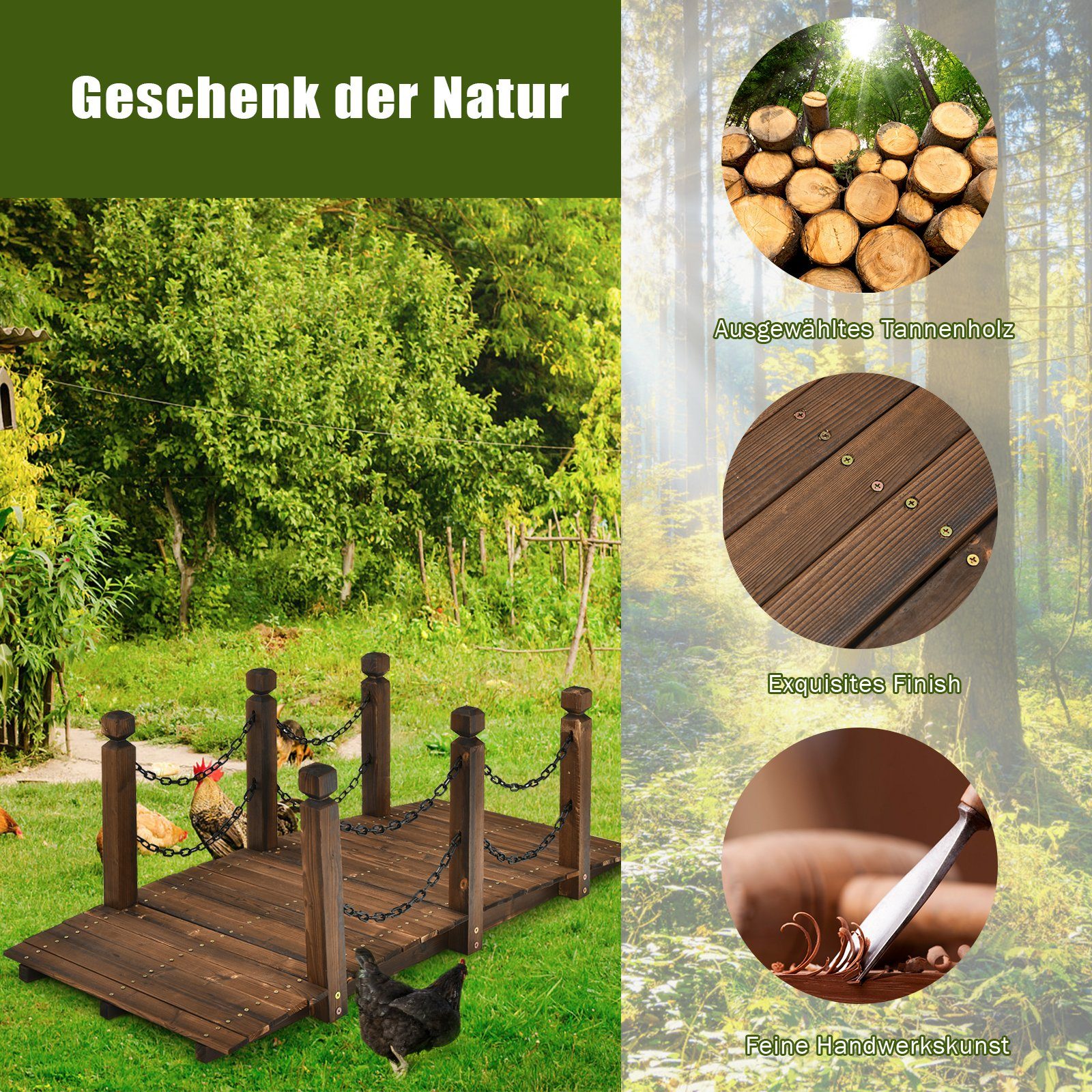 COSTWAY Zierbrücke, Gartenbrücke belastbar bis 120kg, 151 x 67 x 55cm