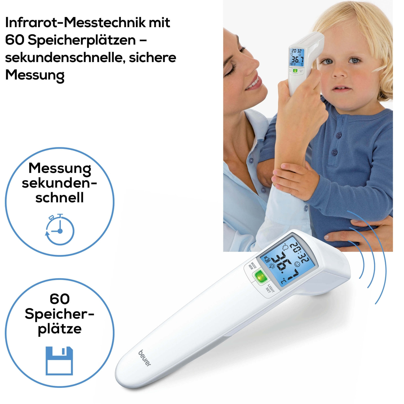 Beurer kontaktloses Thermometer FT 100-Misst die Körper-, Umgebungs- & Oberflächentemperatur mit Infrarot-Messtechnik