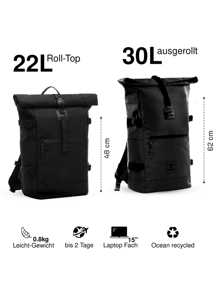 SONS OF ALOHA Rucksack XL RollTop Rucksack KANE erweiterbar| Laptop-Fach groß in schwarz günstig kaufen onesize