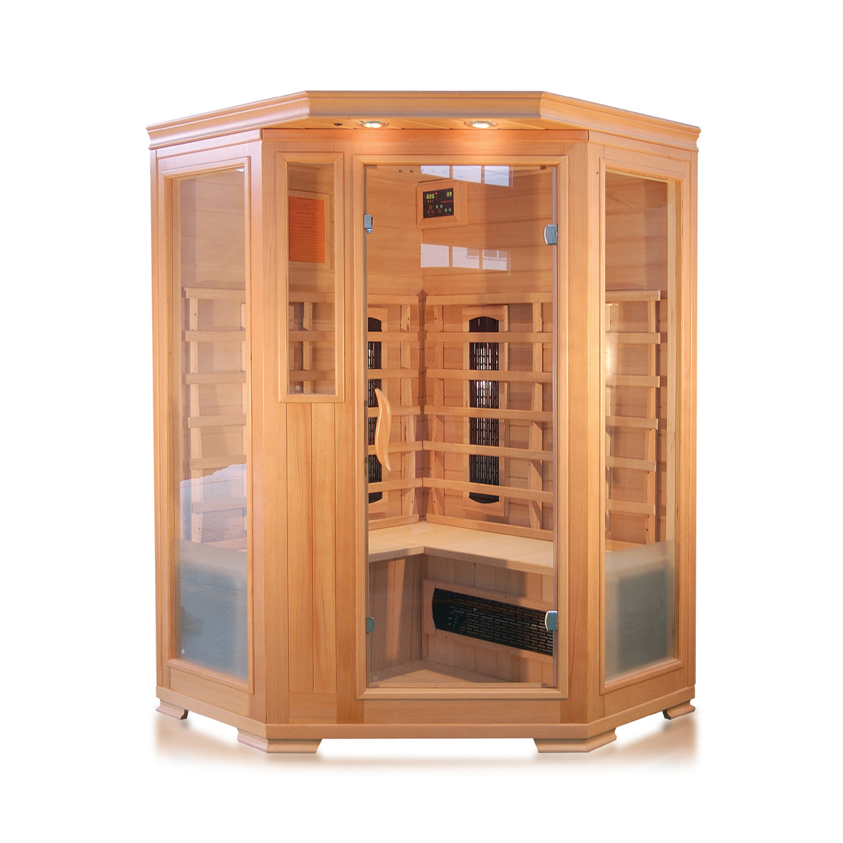 PureHaven Infrarotkabine 120x120x190 cm aus kanadischem Hemlock-Holz Bluetooth-Soundsystem Timer Lichttherapie in 4 Farben digitale Steuerung