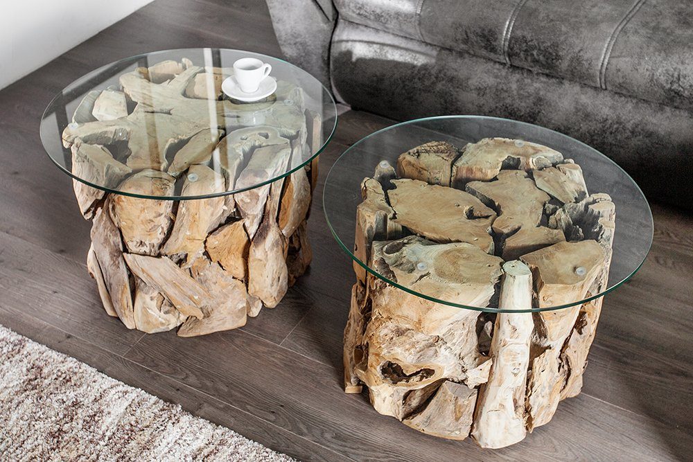 riess-ambiente Couchtisch RIVERSIDE 60cm natur / transparent, Wohnzimmer · Massivholz-Gestell · Glasplatte · rund · Handarbeit