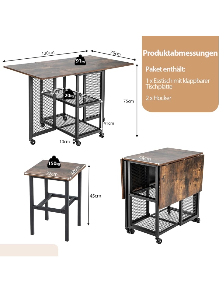 COSTWAY Esstisch 3 tlg. Set in Braun günstig kaufen onesize
