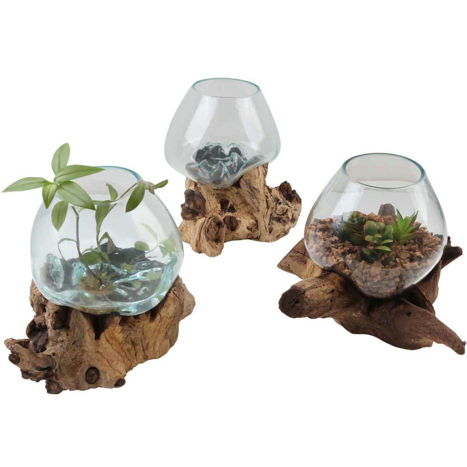 Casa Moro Dekovase Glasvase auf Wurzelholz aus Recycling Glas Ø 20cm & Teak Wurzel (einzigartige Glas Vase auf Wurzel Holz, Couchtisch Esszimmer Wohn Tisch Deko), Kunsthandwerk Pur - Jede Vase ist garantiert ein Unikat