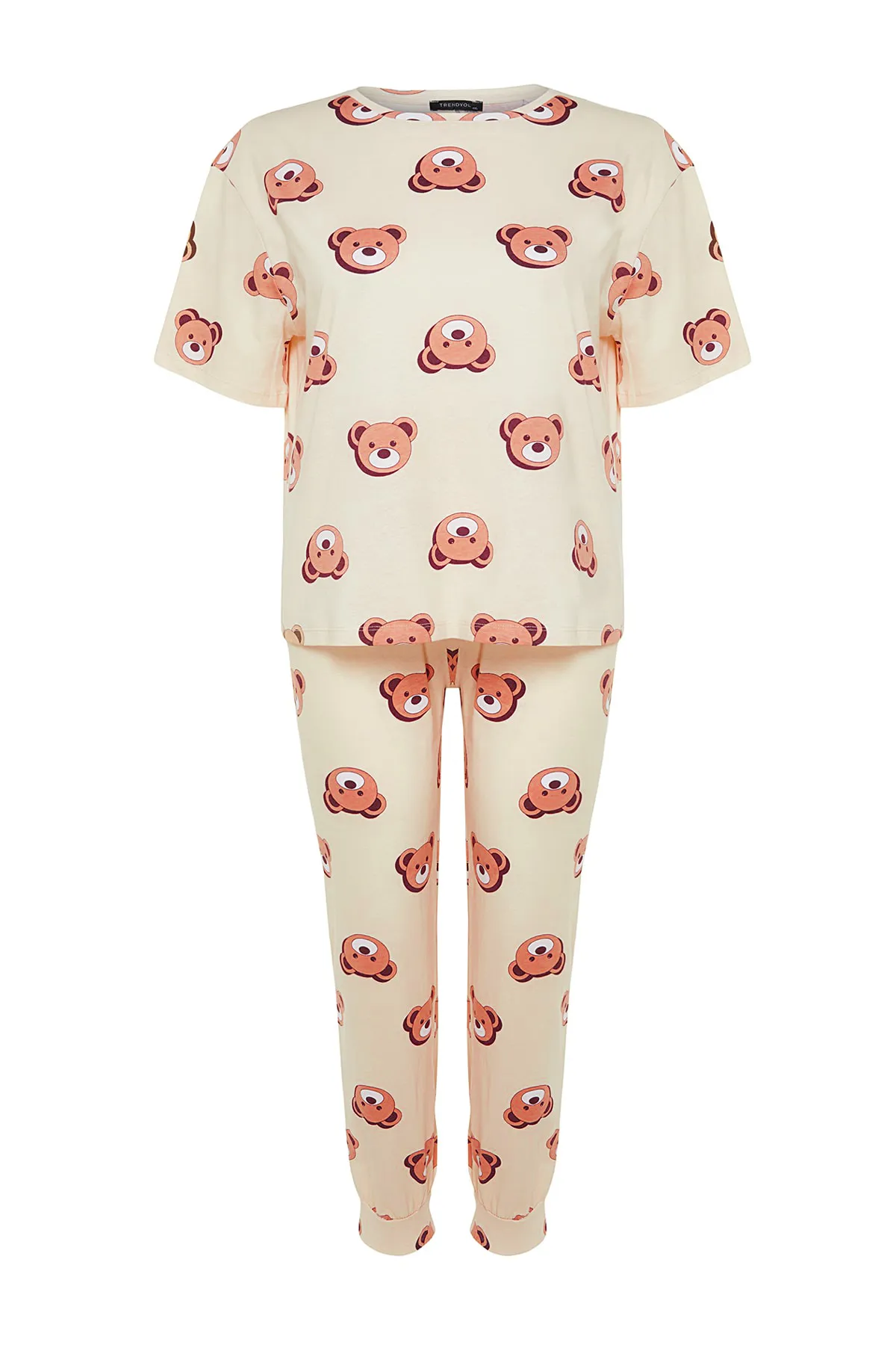 Trendyol Curve  Ecrufarbenes Pyjama-Set aus Strick mit Teddybär-Muster TBBAW23AI00039
