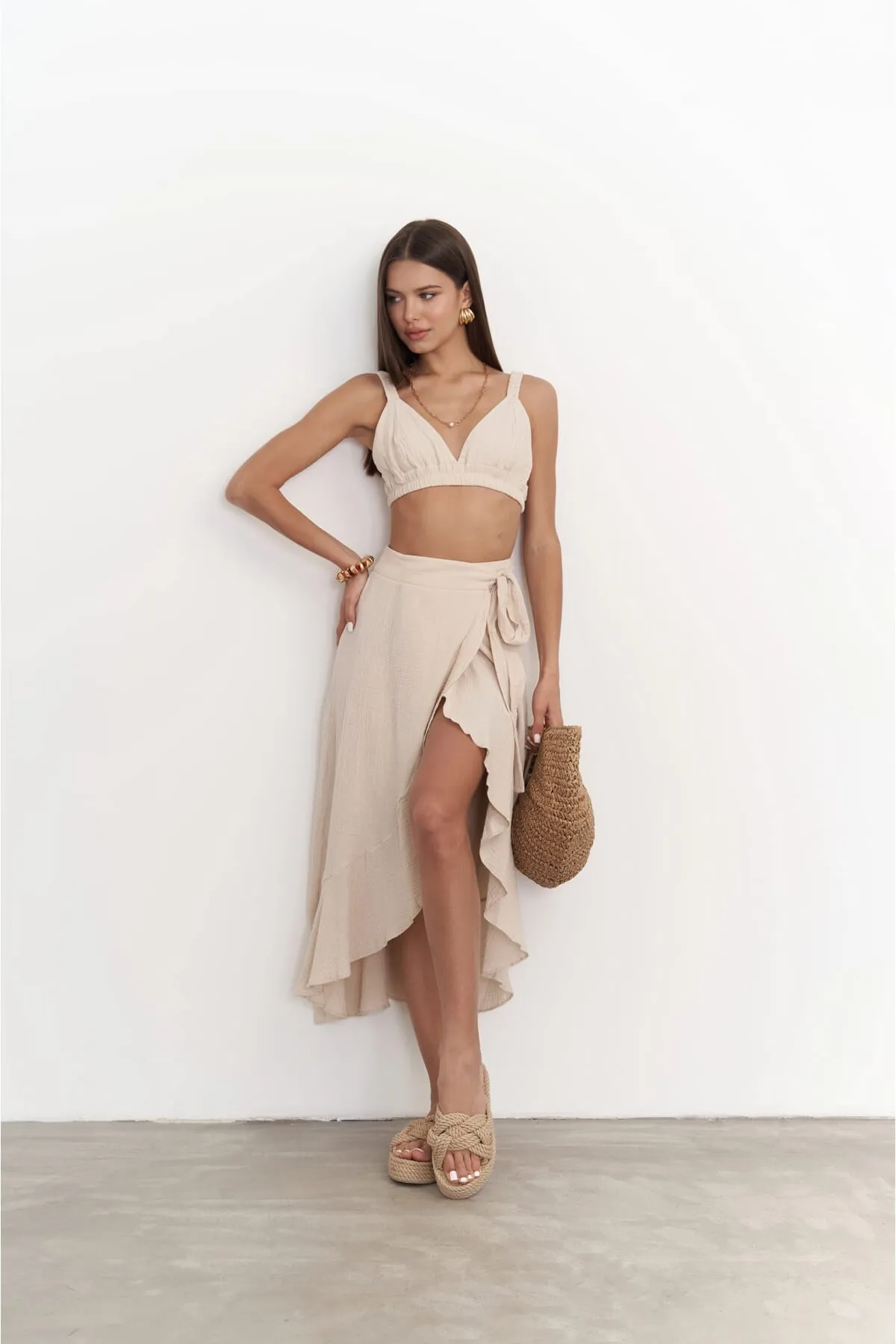 BOHEMAİ  Adelina Dunkelbeiges Musselin-Crop-Rock-Set
