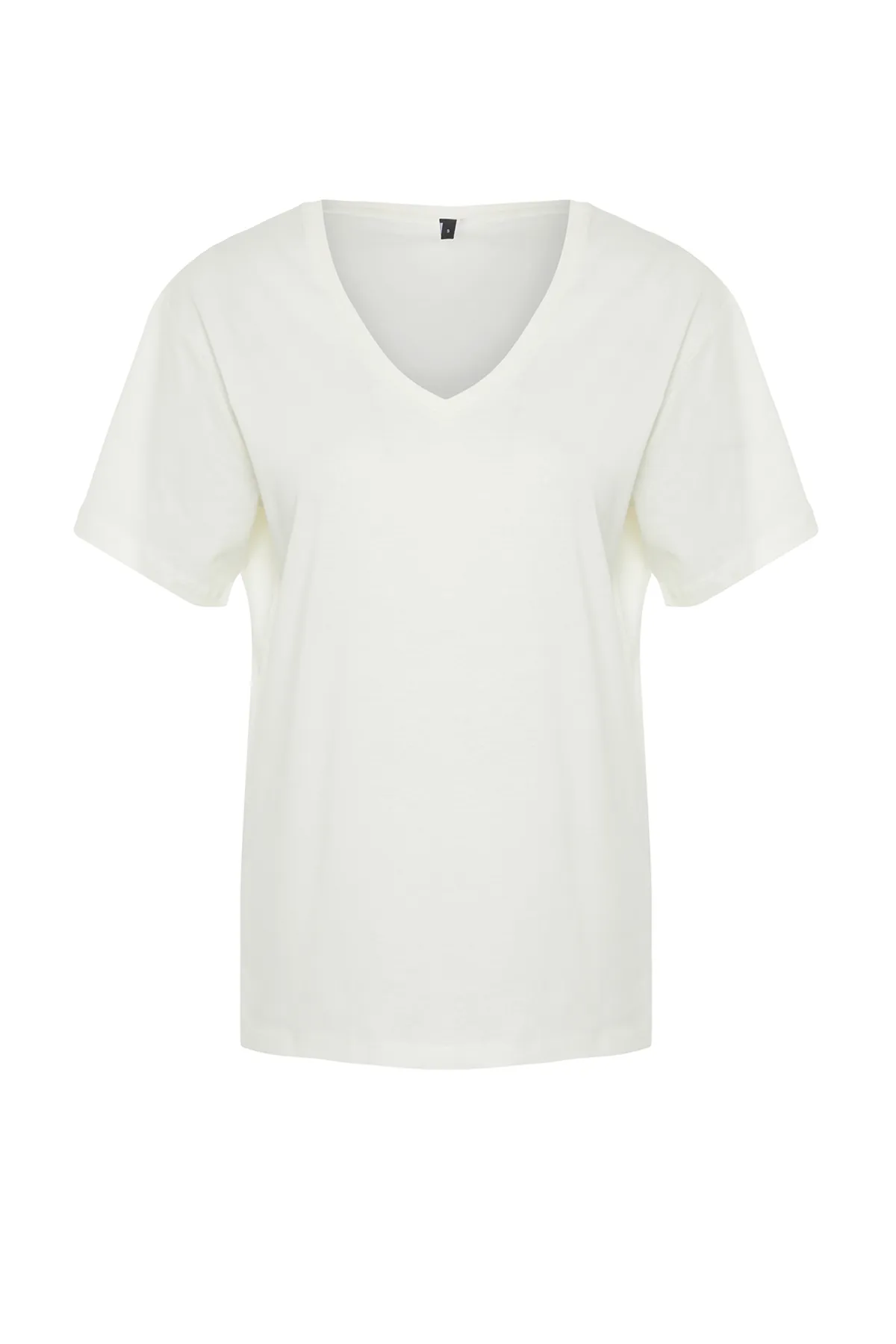 Trendyol Collection  Ecru, 100 % Baumwolle, Oversize/Weite Passform, V-Ausschnitt, Strick-T-Shirt TWOSS23TS00003