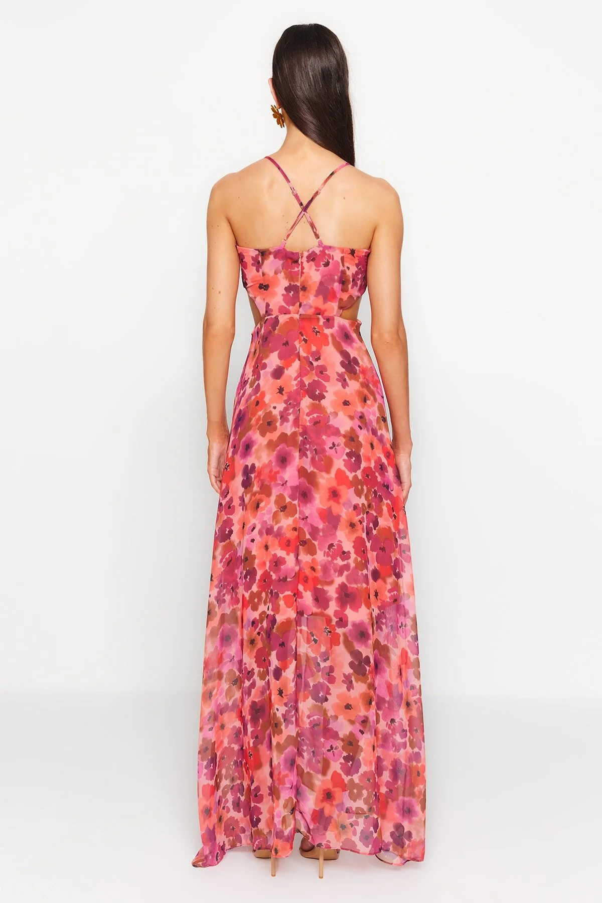 Trendyol Collection  Fuchsiafarbenes A-Linien-Maxi-Webkleid mit gefüttertem Fenster/Ausschnitt und detailliertem Blumendruck TWOSS20EL1270