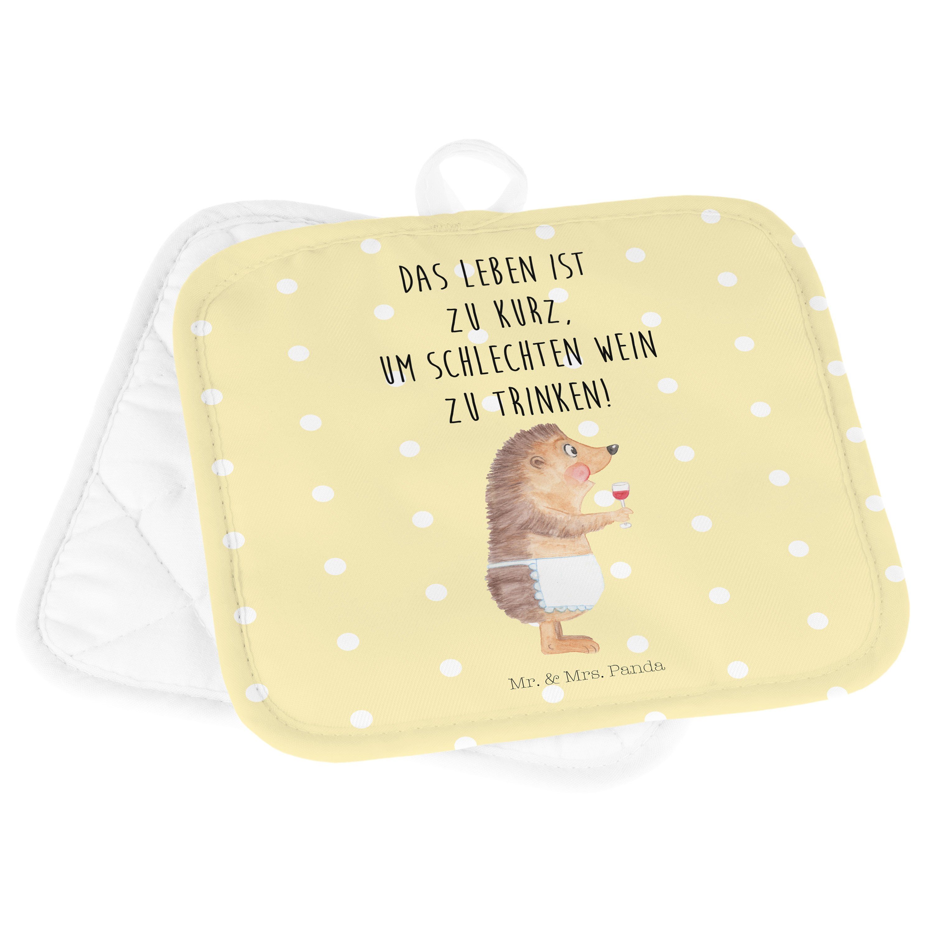 Mr. & Mrs. Panda Topflappen Igel mit Wein - Gelb Pastell - Geschenk, Gute Laune, Tiere, Topflappe, (1-tlg)