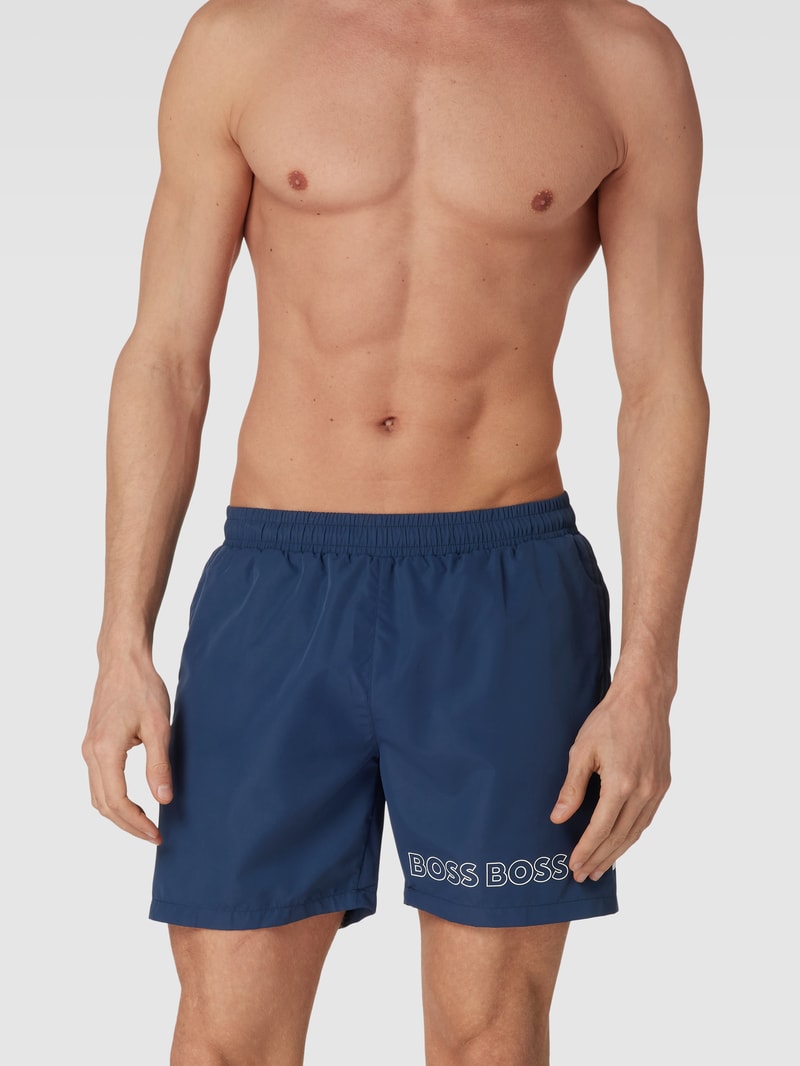 Badeshorts mit Label-Druck Modell 'Dolphin' in dunkelblau