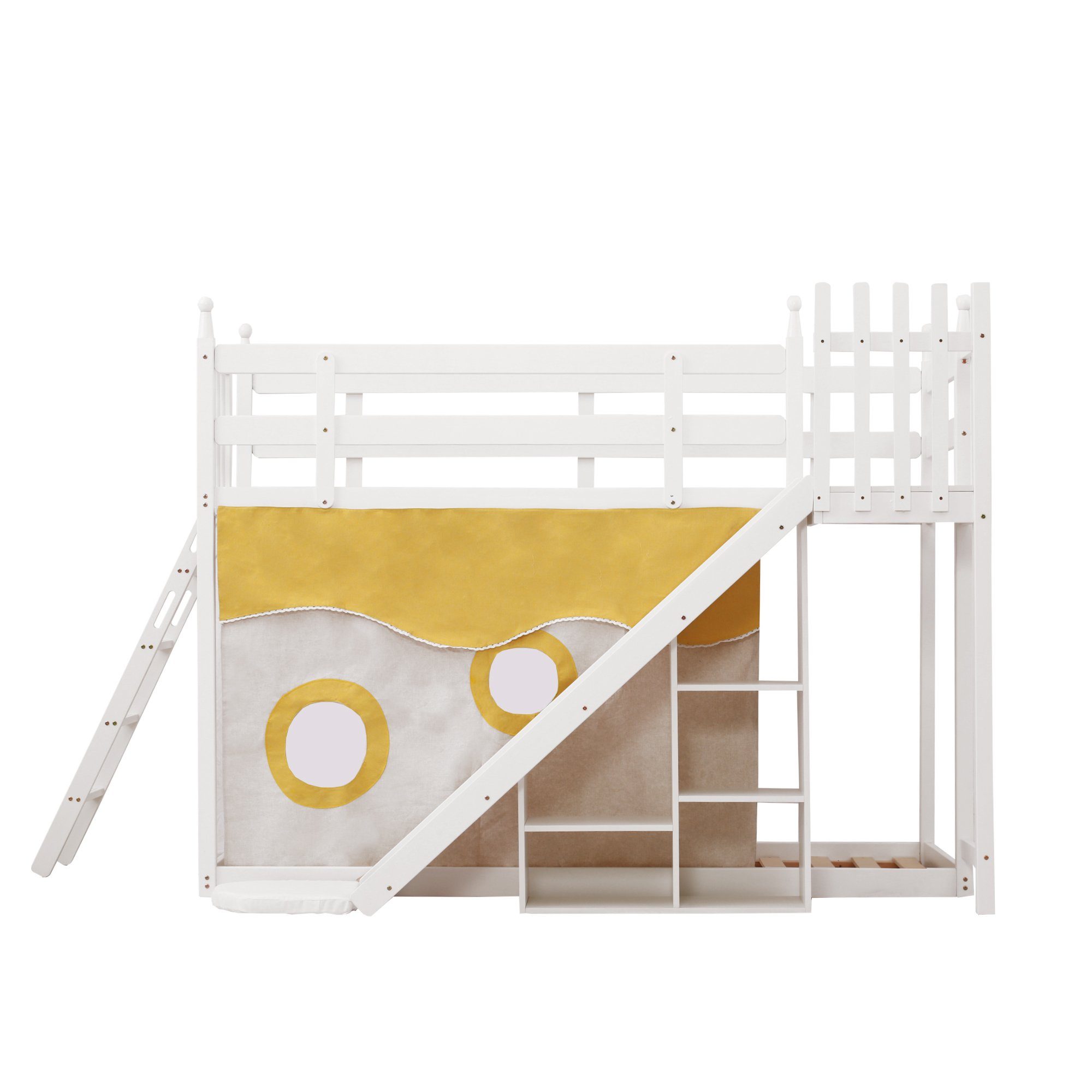 OKWISH Bett Kinderbett, Etagenbett, Holzbett mit Treppe und Zäune (mit Bettvorhang, Rutsche und Regal, mit Fallschutz und Gitter, Rahmen aus Kiefer, 90x200cm), Ohne Matratze