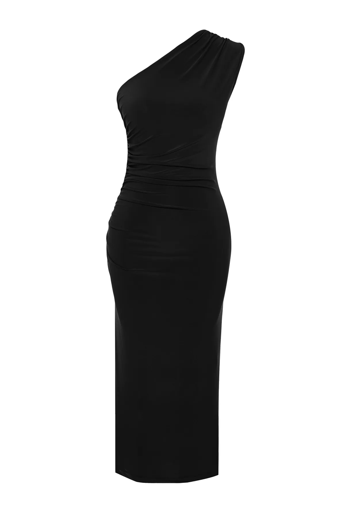 Trendyol Collection  Schwarzes, drapiertes, tailliertes/tailliertes, dehnbares Midi-Bleistiftkleid aus Strick mit einer Schulter TWOSS24EL00100