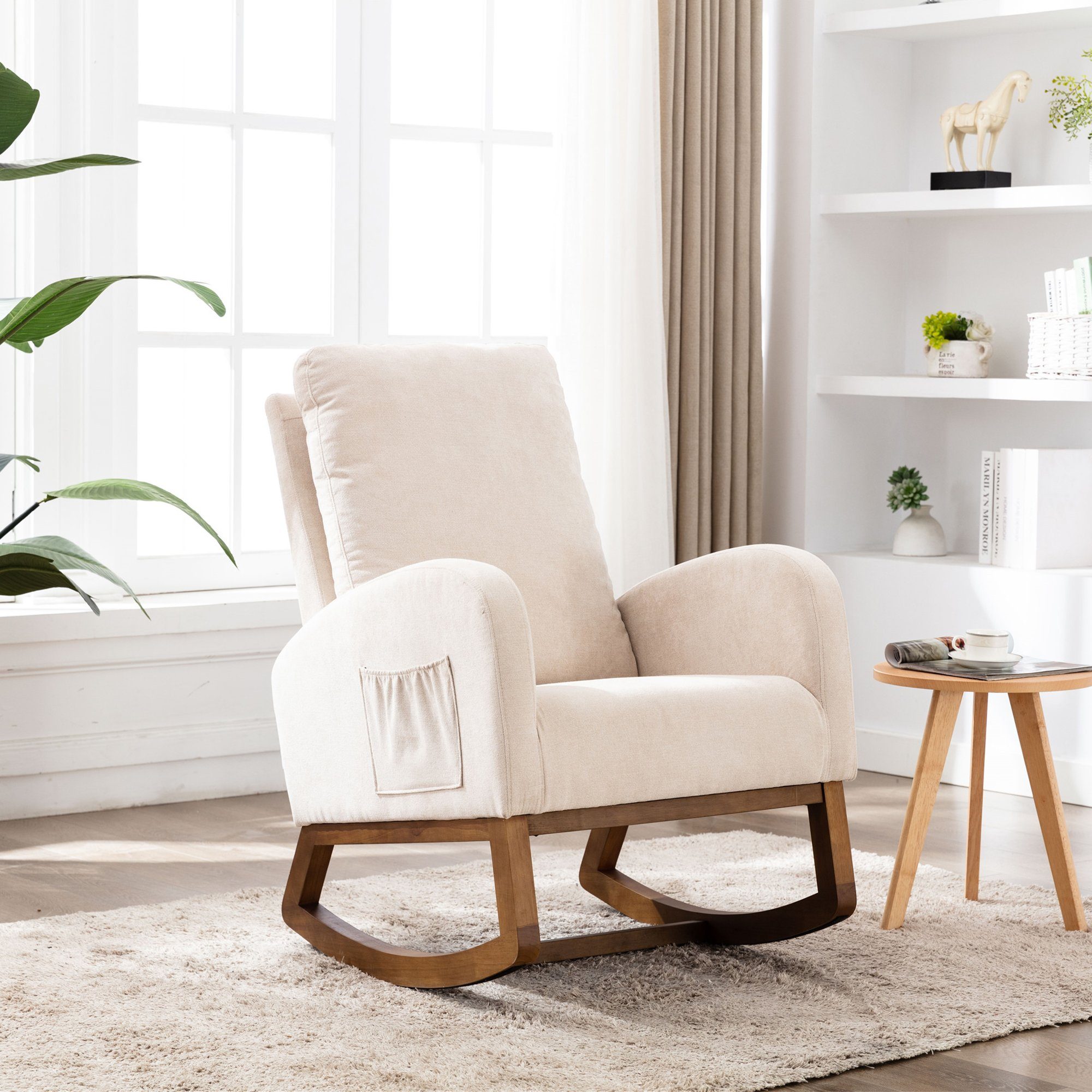 Odikalo Schaukelstuhl gepolsterter Loungesessel Einzelstuhl Seitentaschen Beige/Grau/Braun