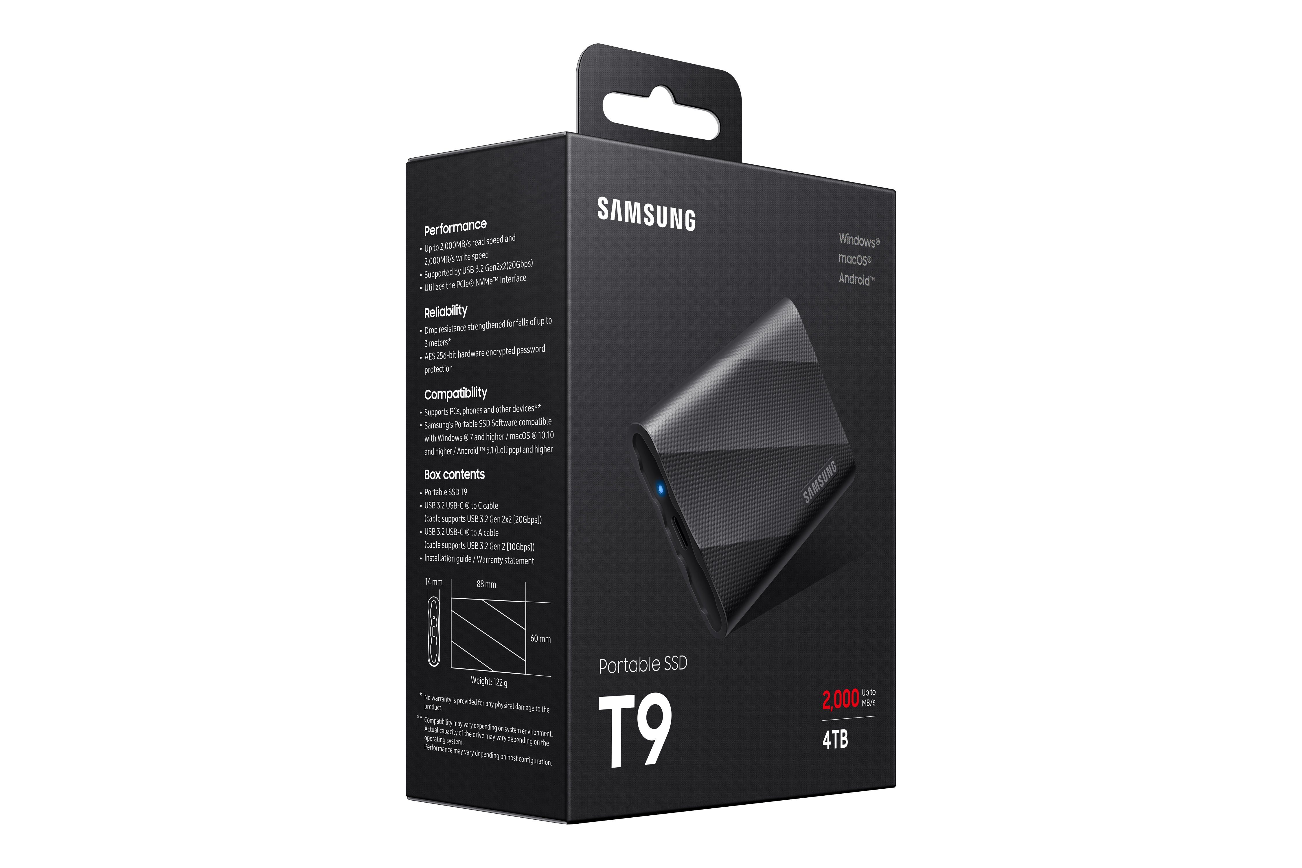 Samsung Portable SSD T9 externe SSD (4 TB) 2000 MB/S Lesegeschwindigkeit, 2000 MB/S Schreibgeschwindigkeit