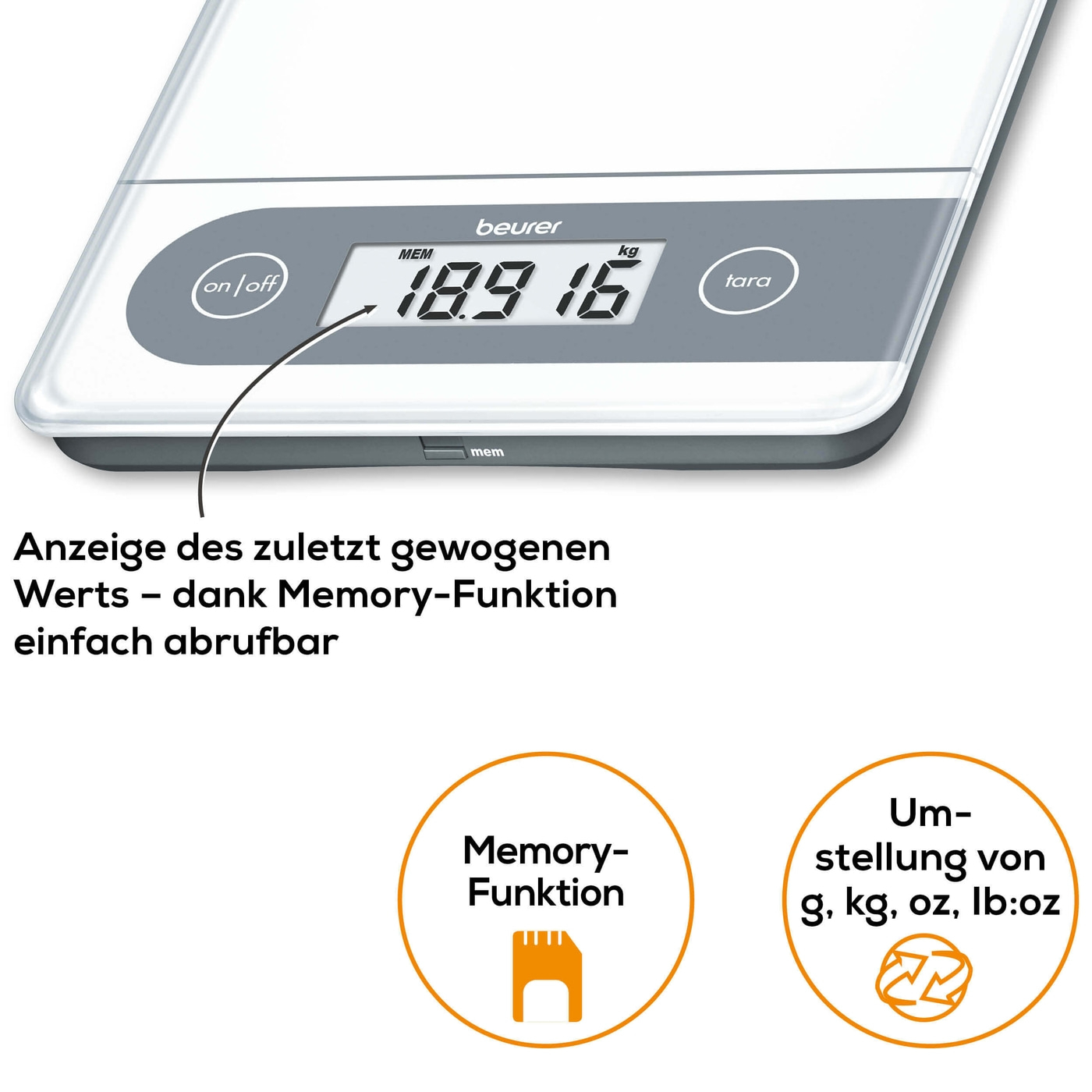 Beurer Haushaltswaage - KS 59 XXL-Große Haushaltswaage mit Glasoberfläche & Memory-Funktion - bis 20 kg