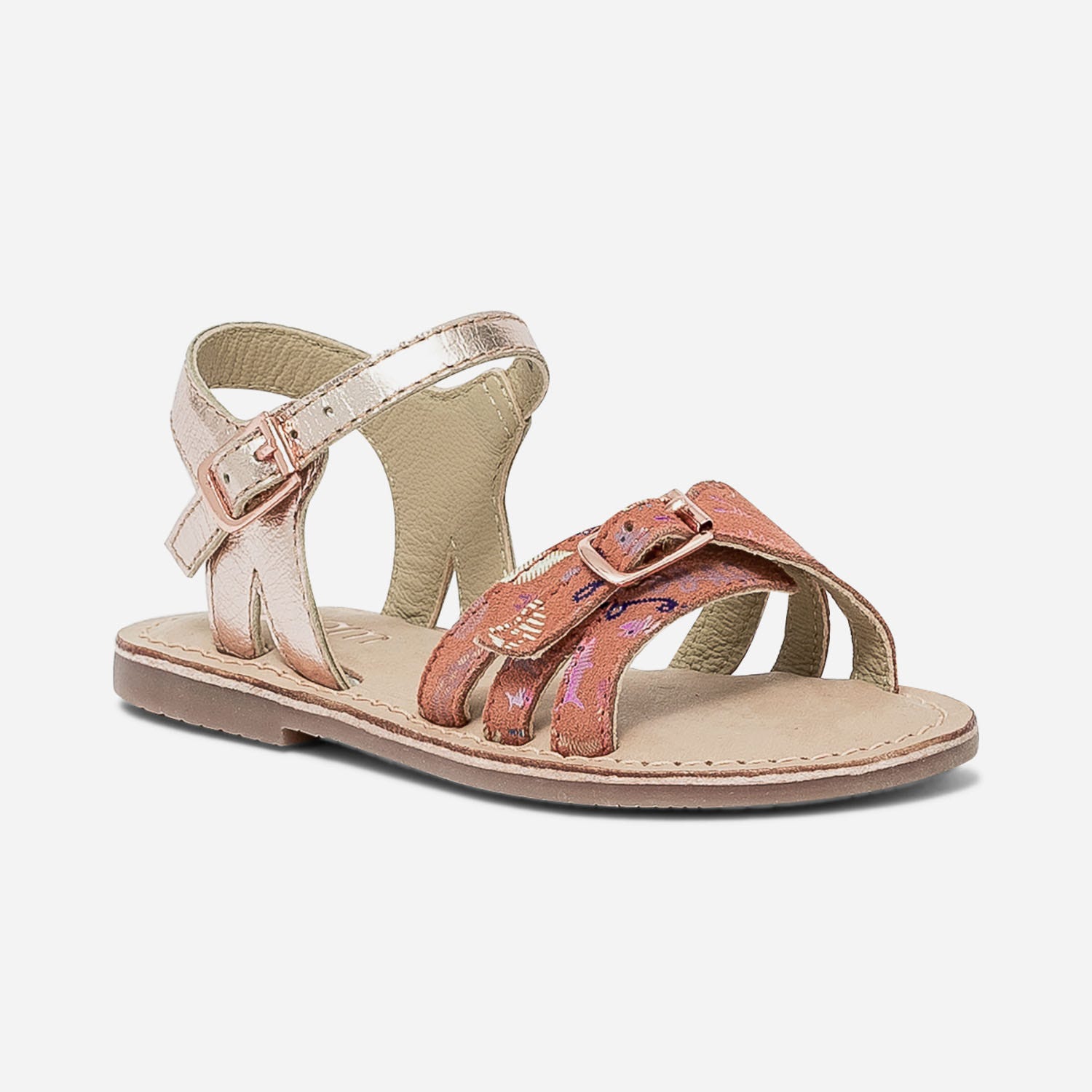 Sandale rose en cuir métallisé et cuir velours imprimé