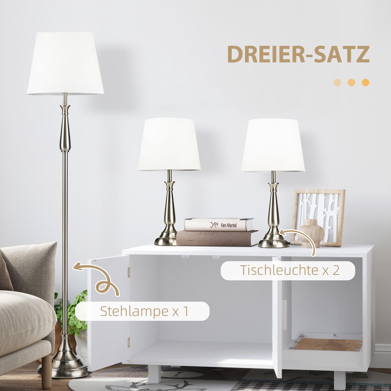 HOMCOM Lampenset inkl. 2 Tischleuchte, 1 Stehlampe im Vintage-Design Creme