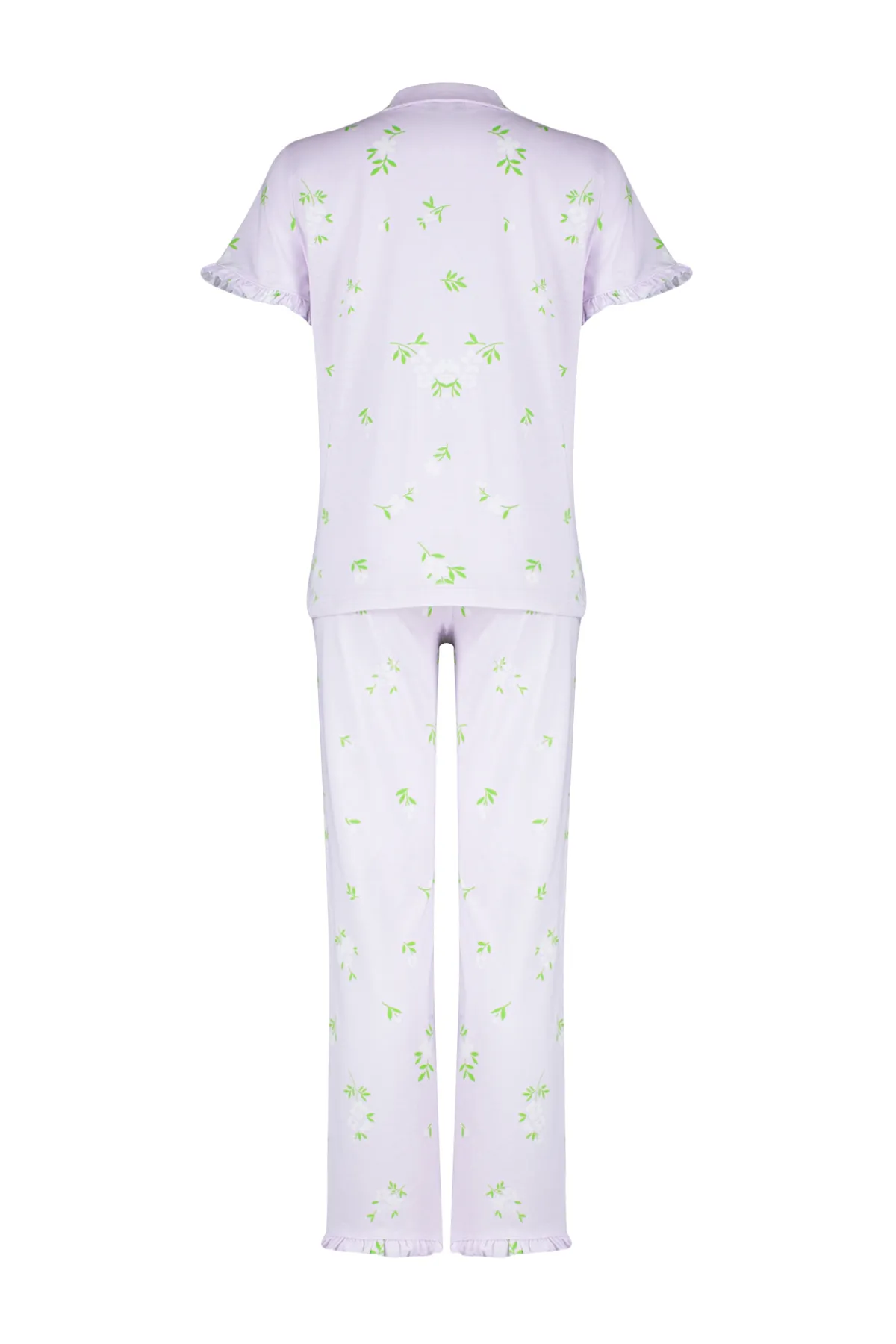 Trendyol Collection  Rosa-Mehrfarbiges, gestricktes Pyjama-Set aus 100 % Baumwolle mit Blumenrüschen und Details THMSS24PT00227