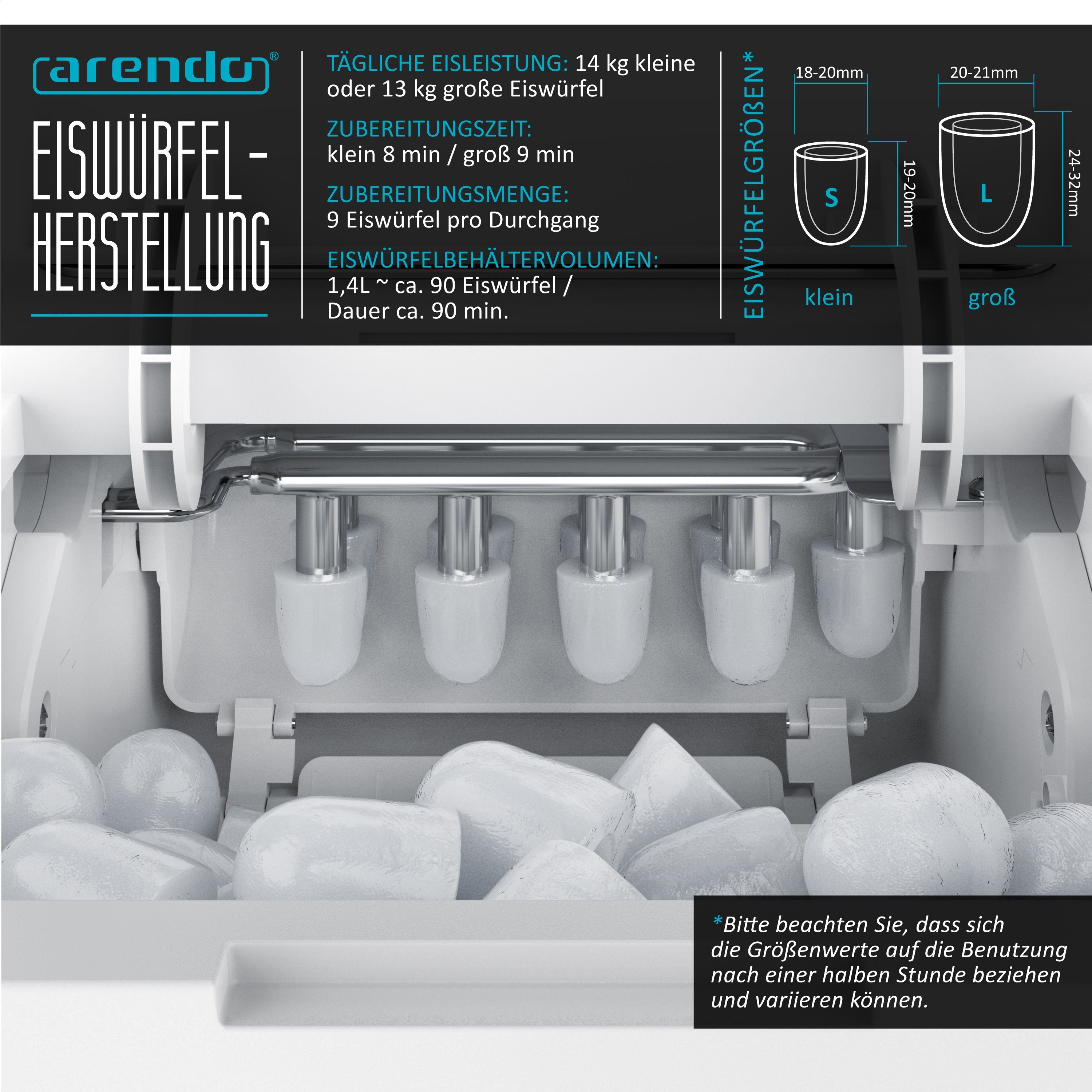 Arendo Eiswürfelmaschine, 105 W, 1,4 Liter Eiswürfelbereiter, 9 Eiswürfel in 9 Minuten