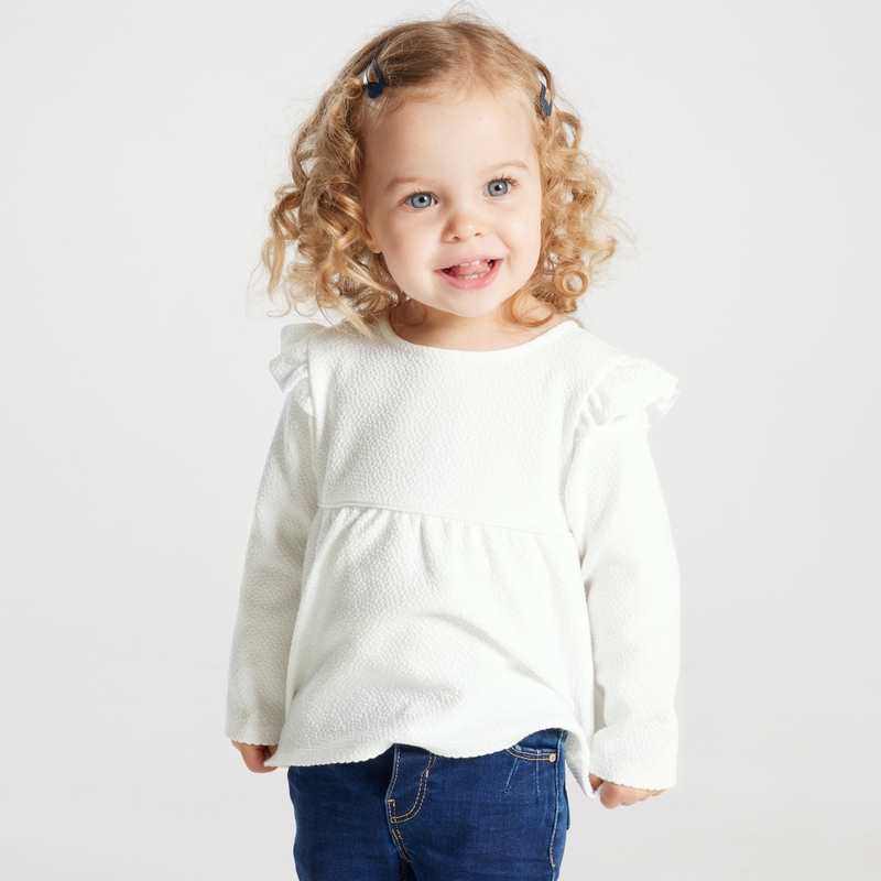 Blouse unie tissu gaufré à volants blanche bébé fille