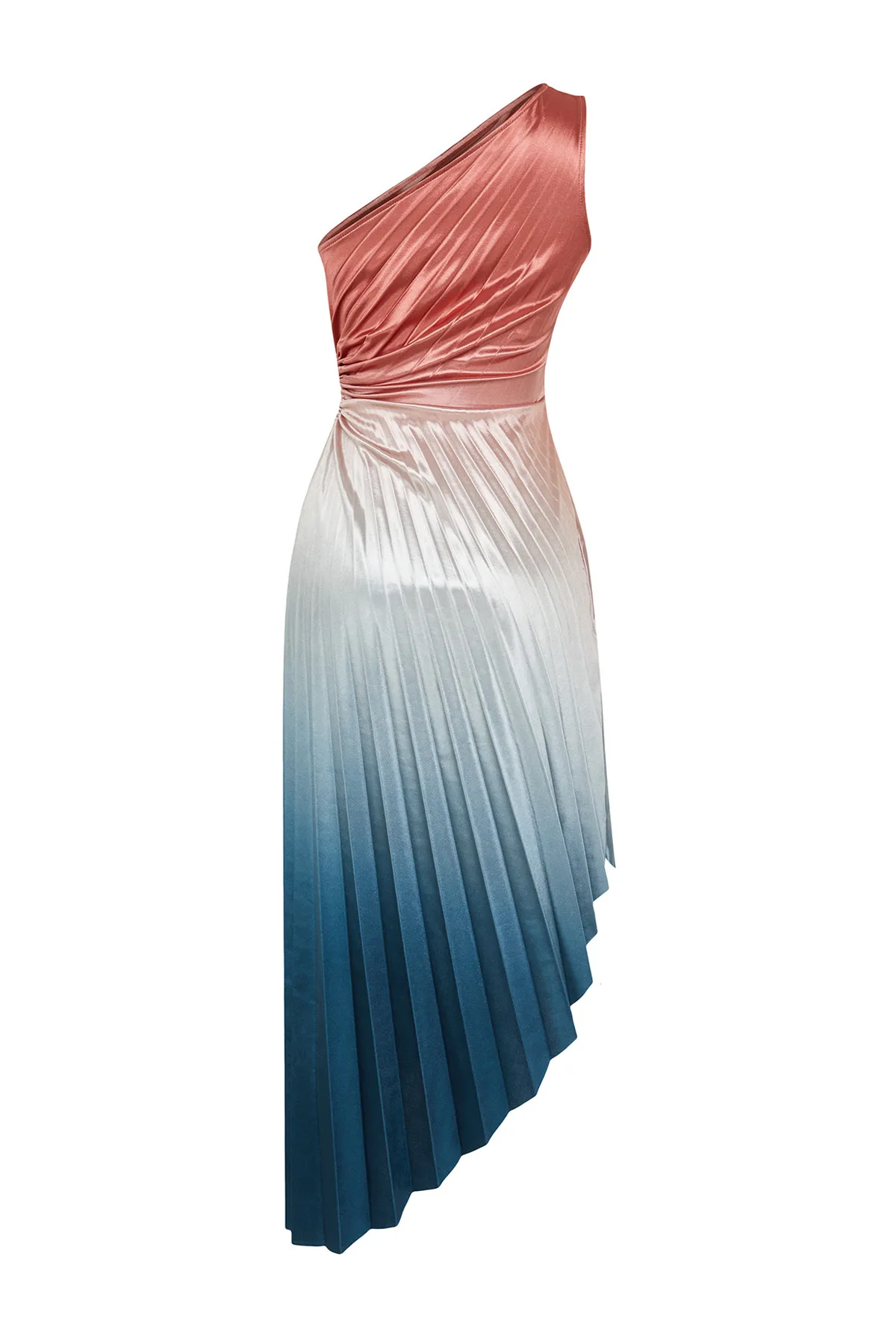 Trendyol Collection  Mehrfarbiges, asymmetrisches, gestricktes, plissiertes Satin-Abendkleid mit Detail TPRSS23EL00557