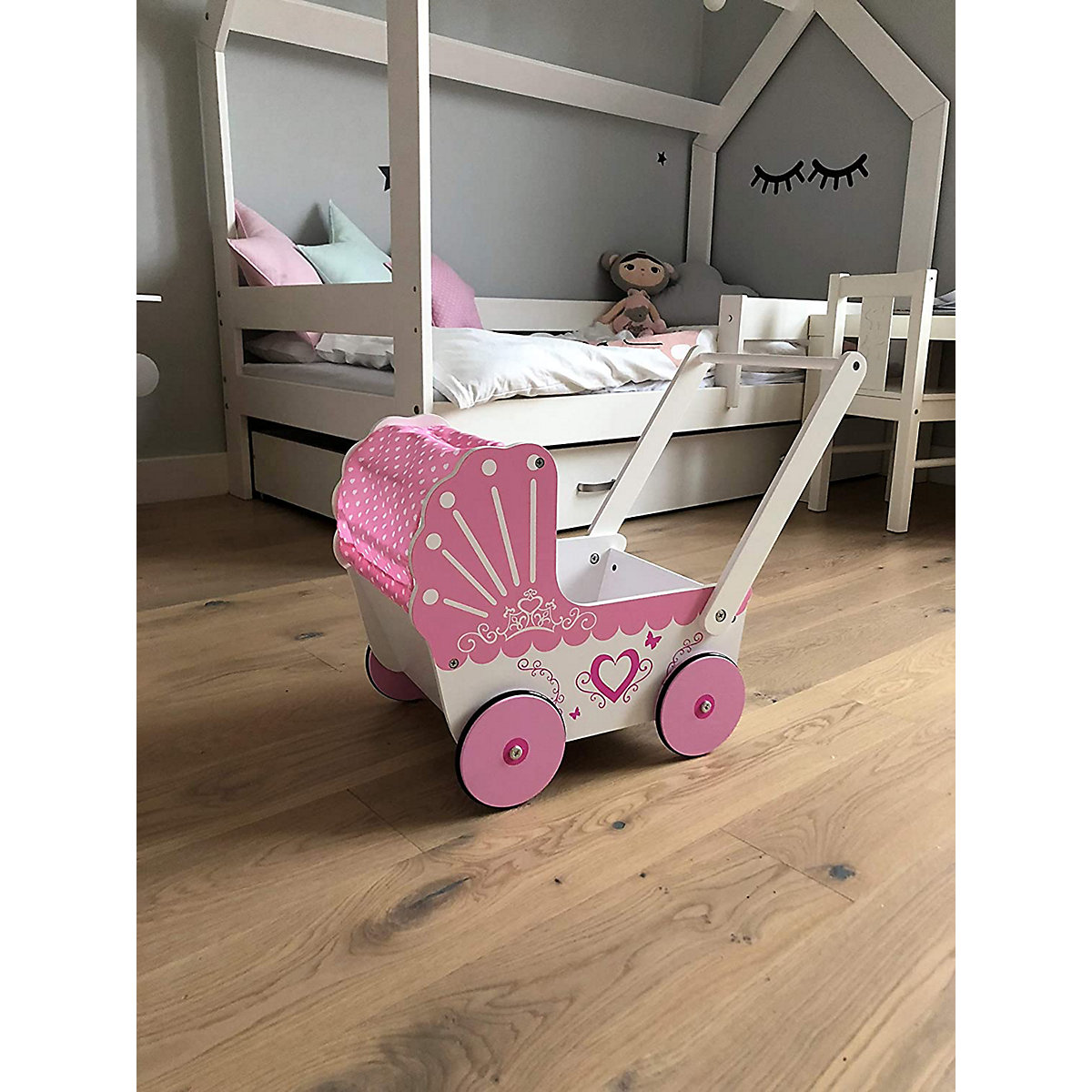 Lauflernwagen Puppenwagen aus Holz, Retro Style, Anti-Rutsch-Räder