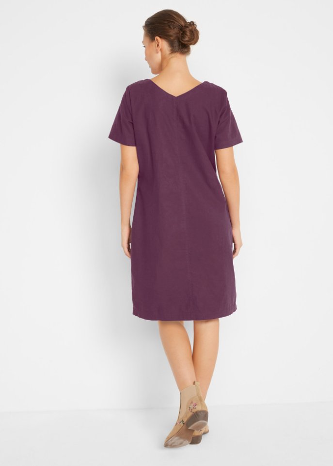 Knielanges Kleid mit Leinen und V-Ausschnitt, Halbarm