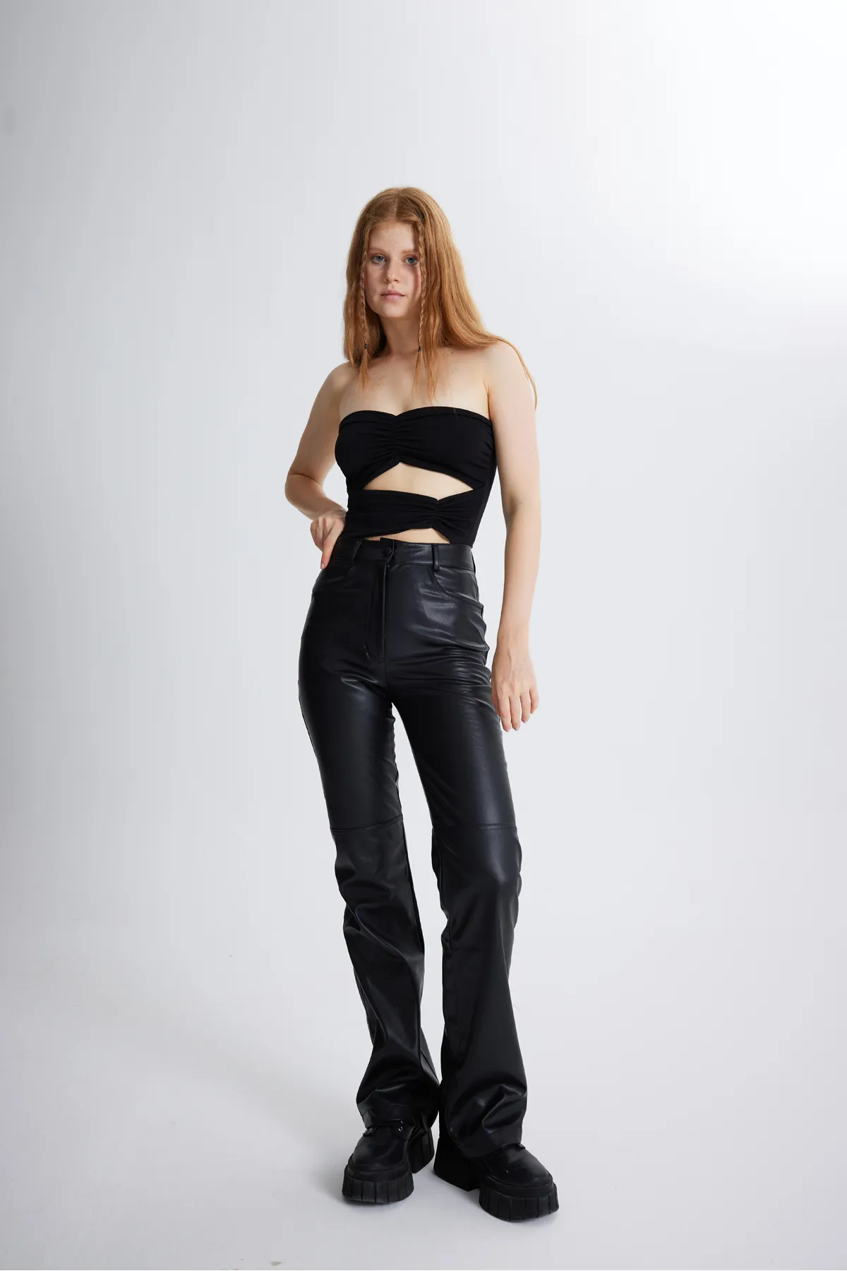 HOLLY LOLLY  Schwarze Dolores-Hose aus Leder mit hohem Bund für Damen