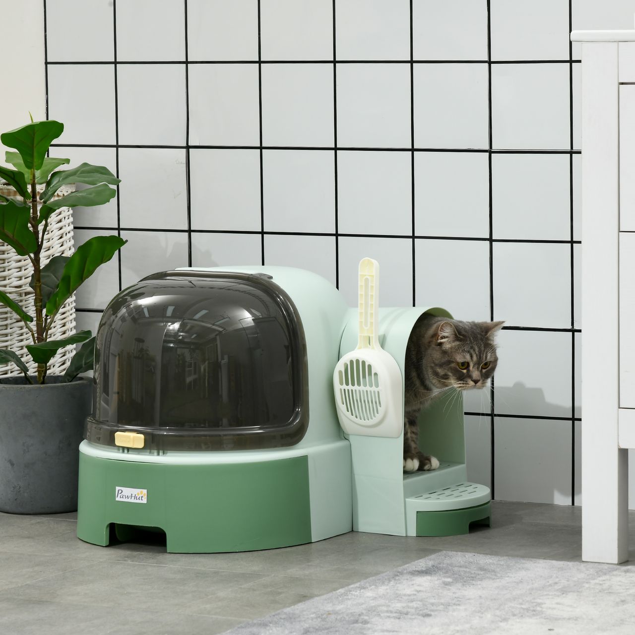 PawHut Katzentoilette Katzenhaus, Katzenklo inklusive Schaufel, Haube, Grün