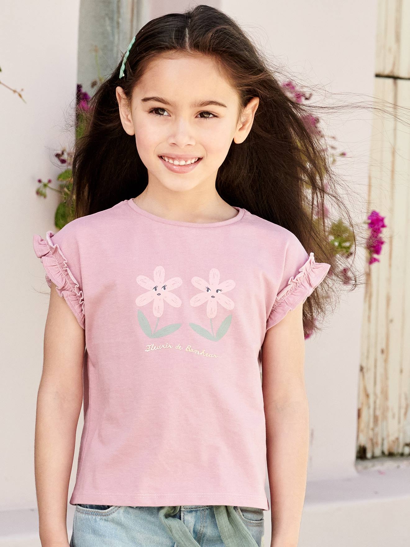 Vertbaudet Mädchen T-Shirt mit Volantärmeln - dunkelrosa