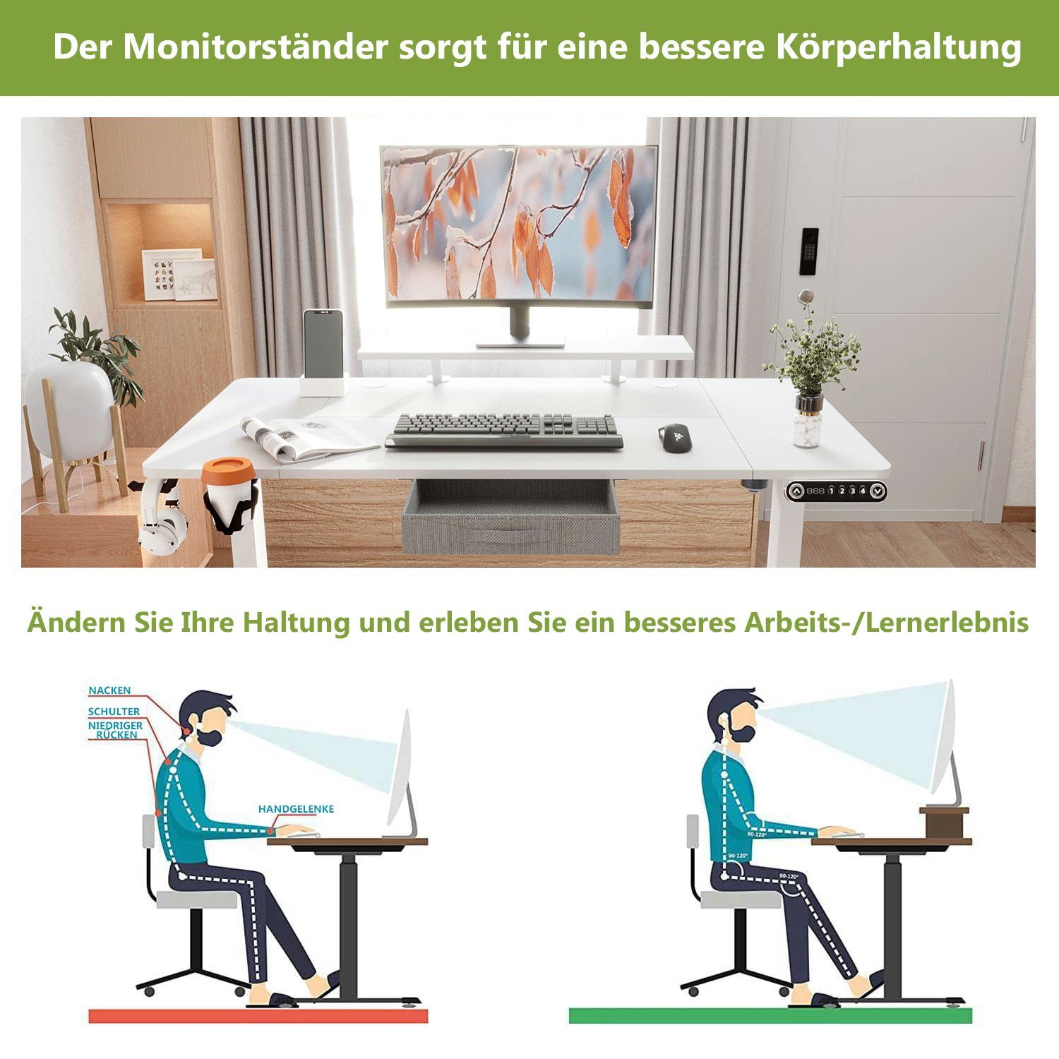 Radlove Schreibtisch Höhenverstellbarer Schreibtisch mit Schubladen (140x76 cm, 4-Memory Steuerung, Rollen, Getränkehalter, Drahtkorb, Schubladen), Schreibtisch Höhenverstellbar Elektrisch mit Monitorständer