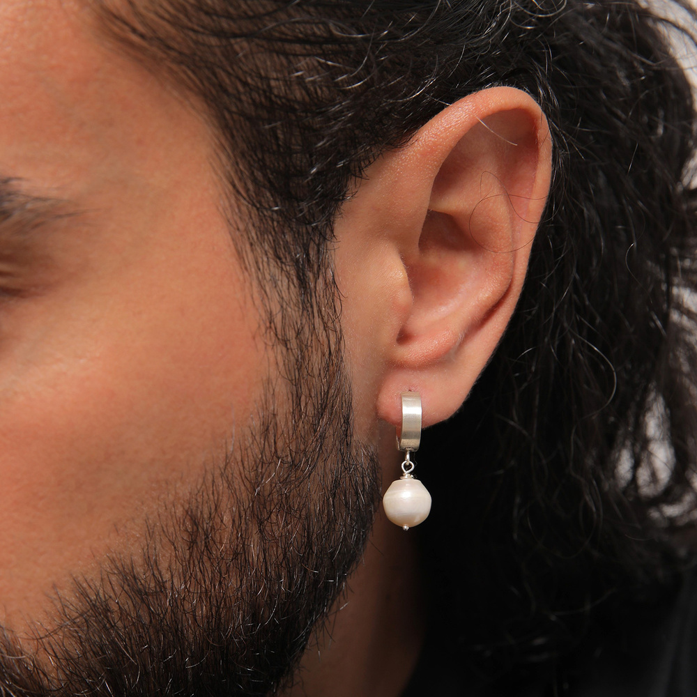 KUZZOI KUZZOI Boucles d'Oreilles Créole pour homme Single Piece avec perle d'eau douce e Boucles d'oreilles