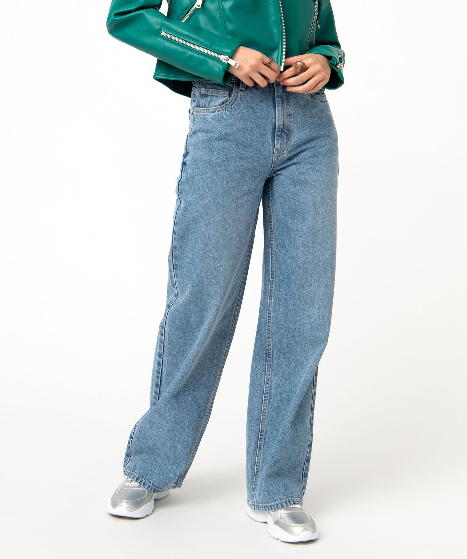 Jean "Wide legs" taille haute coloris délavé femme stone | GEMO