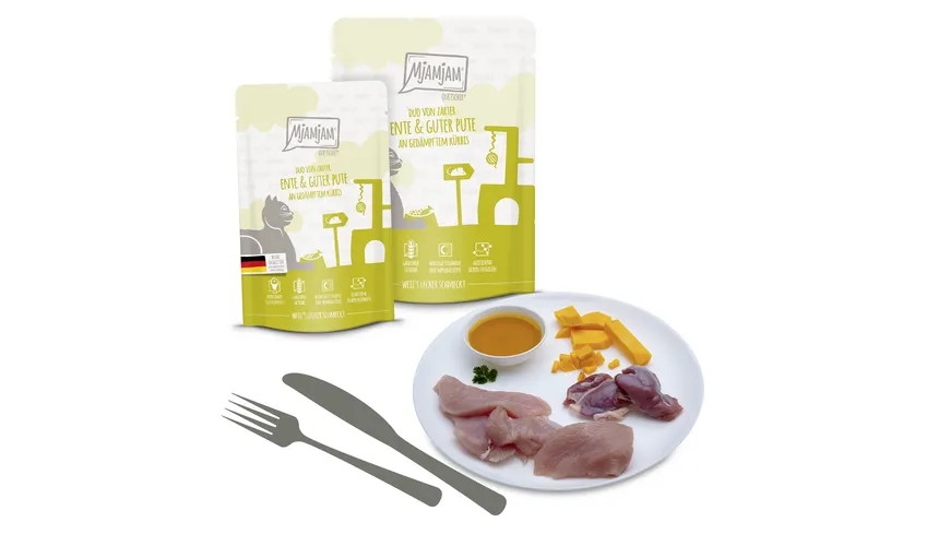 MjAMjAM Katzennassfutter Quetschie Duo von zarter Ente & guter Pute an gedämpftem Kürbis 125 g