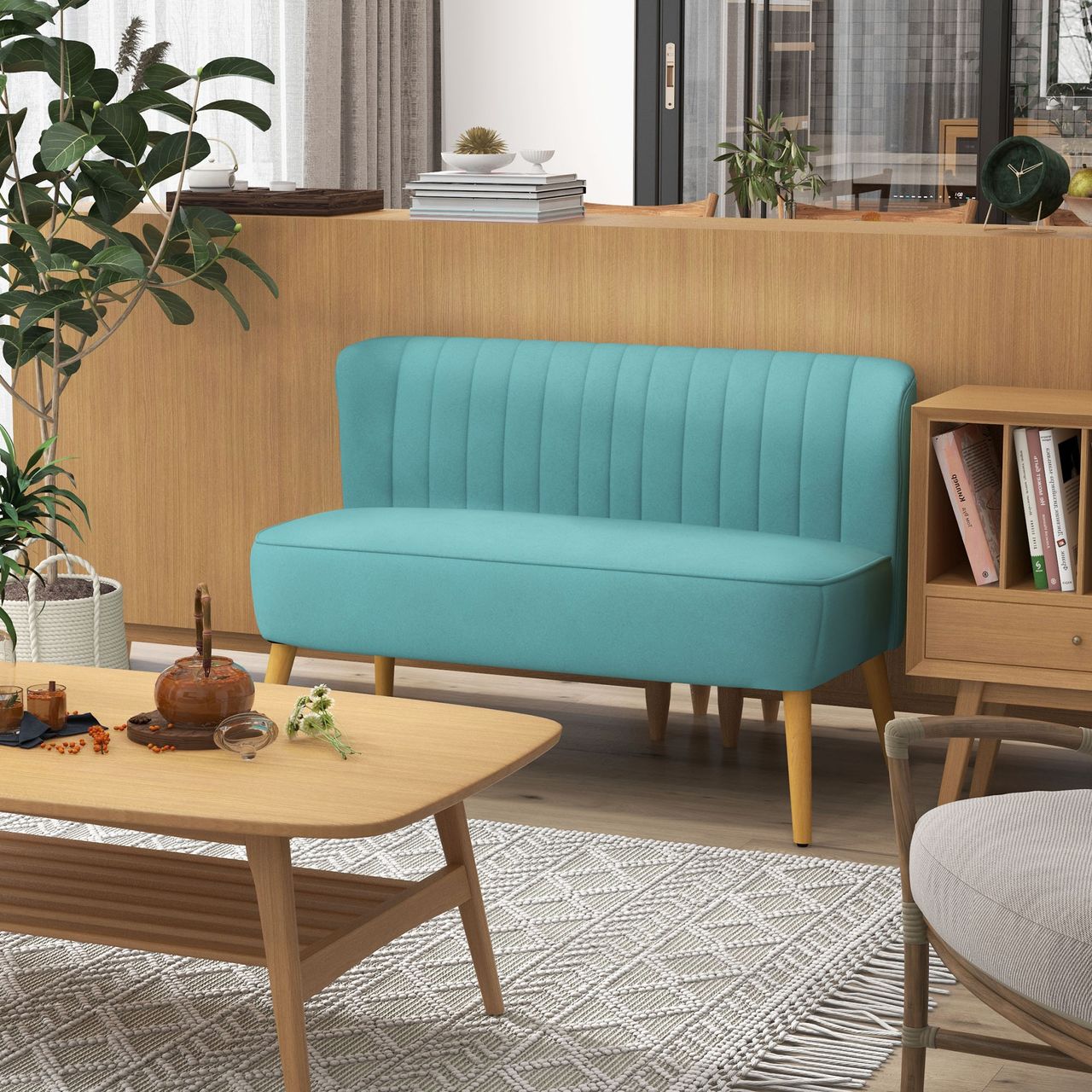 HOMCOM 2-Sitzer Sofa Zweisitzer, Loveseat mit Leinenoptik, Holzbeine, Grün