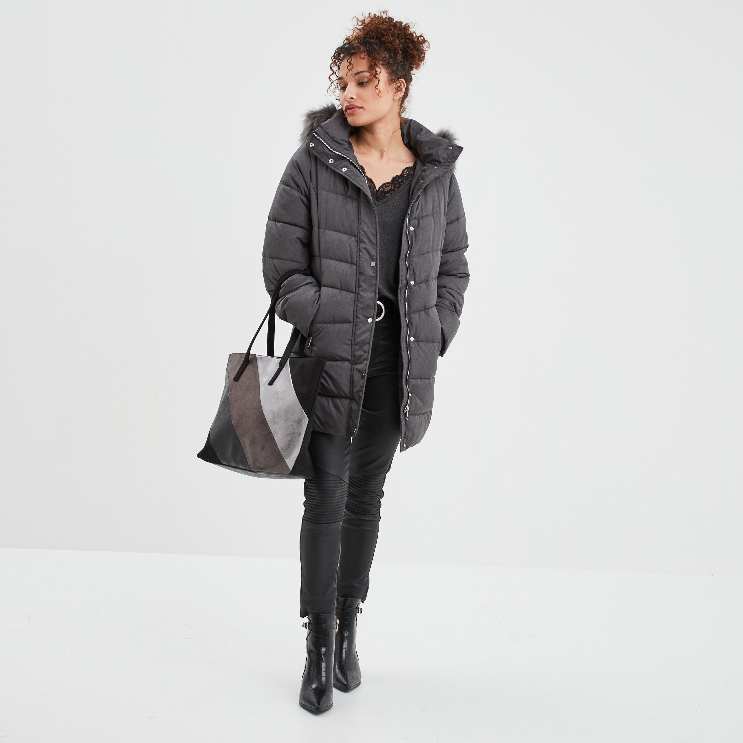 Pull dos en V avec dentelle gris foncé femme | La Halle